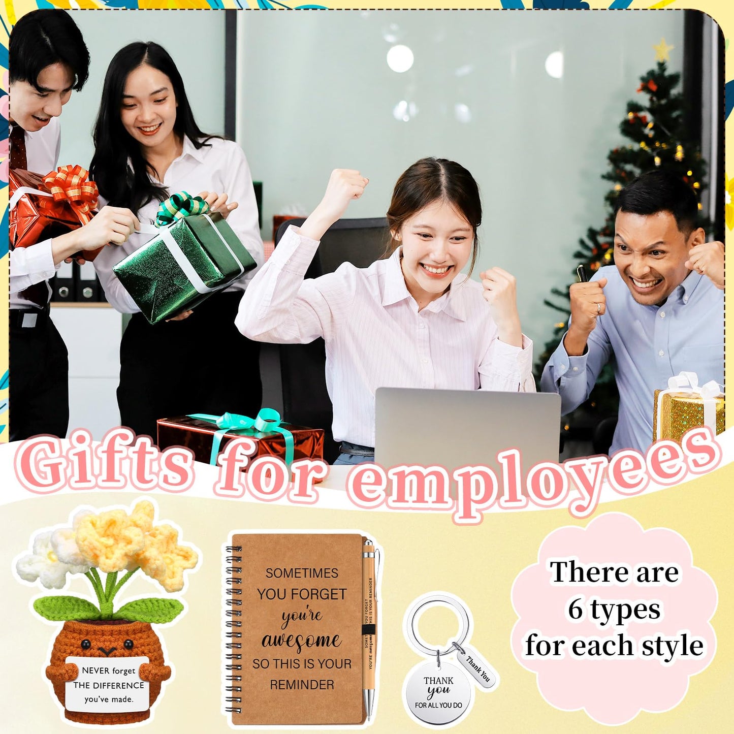 Wavwavw 6 Set Employee Appreciation Gifts Bulk, Gifts for Coworkers, Doll Crochet with Card Inspirational Journals with Retractable Bamboo Pens Thank You Keychains for Staff