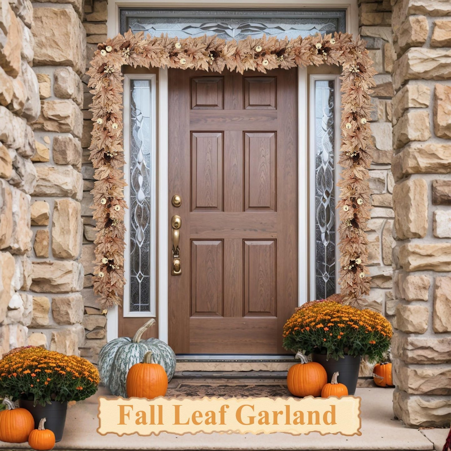 6 FT Fall Garland with Lights Timer Function Autumn Fall Leaves Garland with Berries Pine Cones Pumpkins Realistic Automatic ON/Off Timer Fall Decorations for Home Mantle Fireplace Porch Door Table