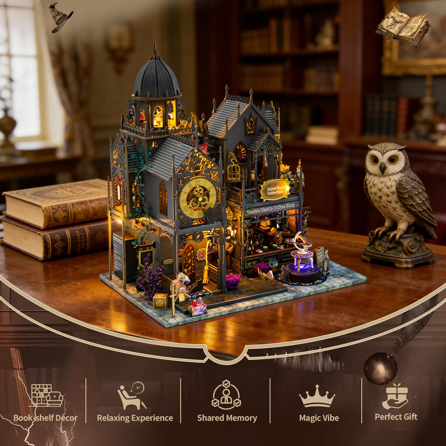 Soothee DIY Miniature House Kit, DIY Book Nook with LED Light, 3D Puzzles for Adults and Teens, Dollhouse for Bookshelf Decor, Tiny House Building Kits for Craft Lovers (Magic Castle)