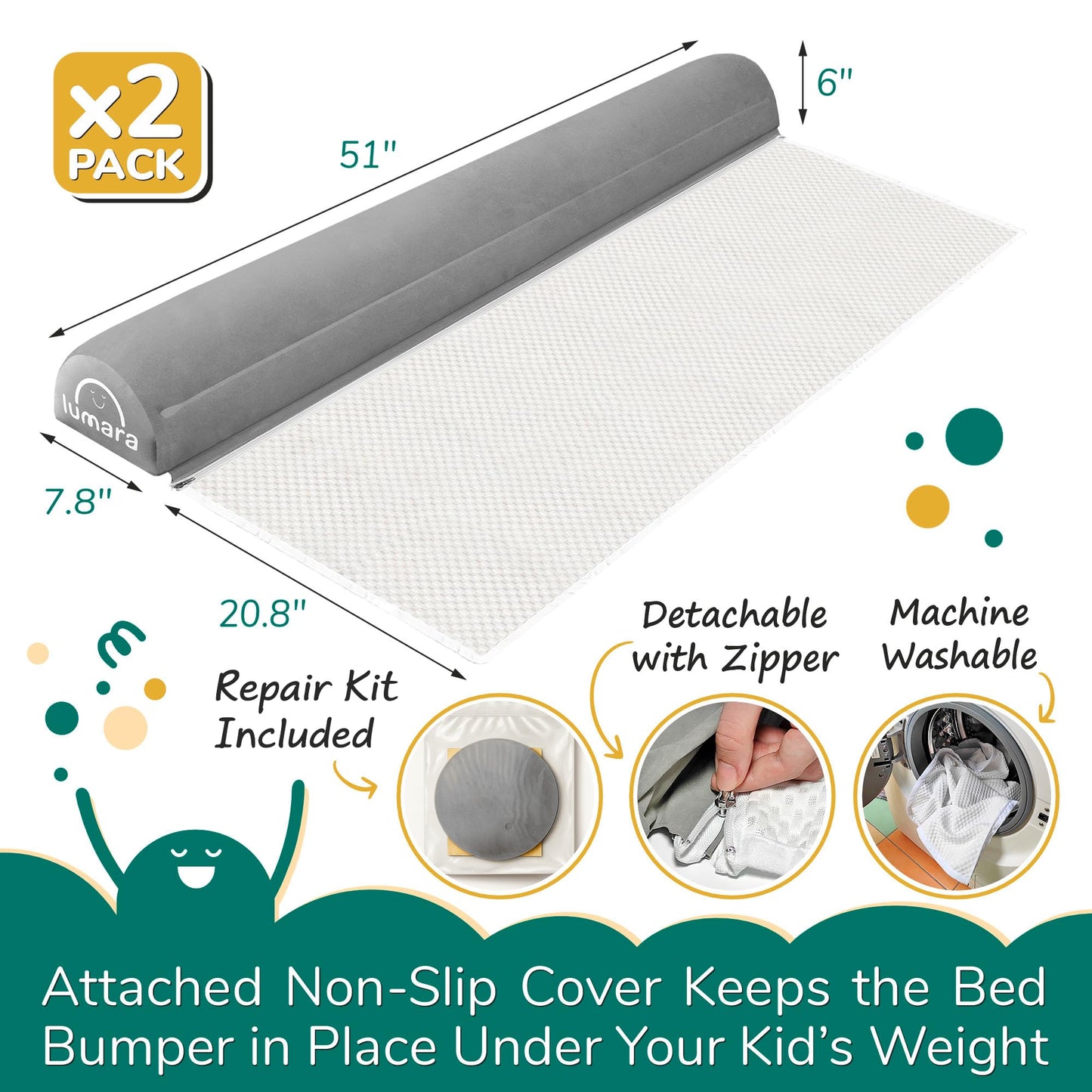 LUMARA Inflatable Bed Rail for Toddlers 2 Pack - Portable Travel Bed Bumpers for Kids Fits Twin Full Queen King Size Beds - Non-Slip Safety Guard Rails