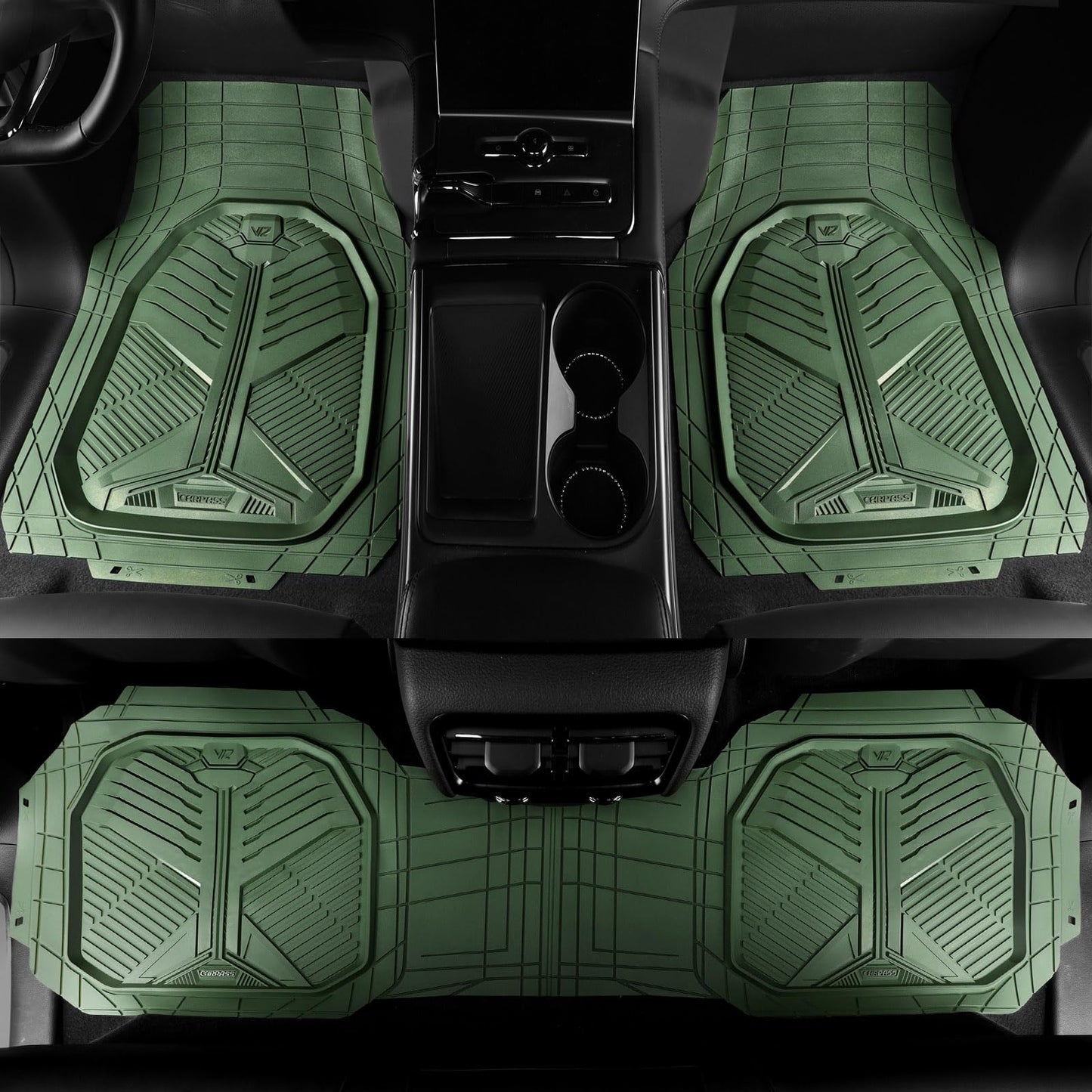 CAR PASS Heavy Duty Rubber Car Mats, Deepdish All Weather Floor Mats for Car Full Set, Universal Automotive Mats Trim to Fit for Sedans SUVs Trucks, Waterproof Anti-Slip Deep Tray 3 Pieces Olive Green