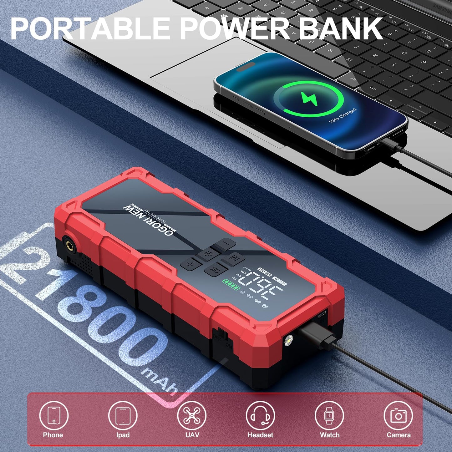 7000A Jump Starter with Air Compressor, 21800mAh 150PSI Portable Car Battery Jump Starter (All Gas/16L Diesel), 12V Supersafe Jump Box Car Battery Booster with Jumper Cables, Lights