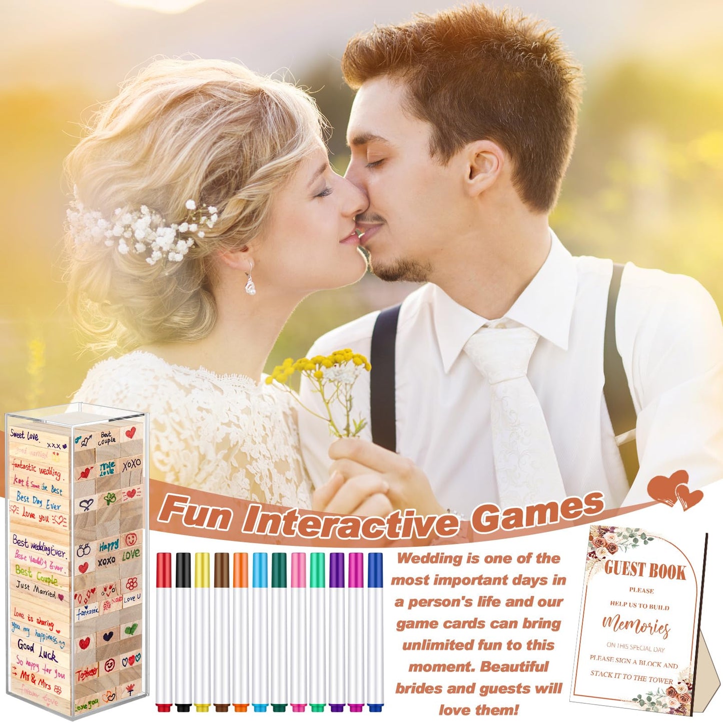Beeveer 80 Pcs Wedding Guest Book Alternative Wooden Block Guest Book for Wedding Sign in Bridal Shower Decoration 54 Pcs Wooden Block Bridal Shower Game for Sign in, Reception(Rustic)