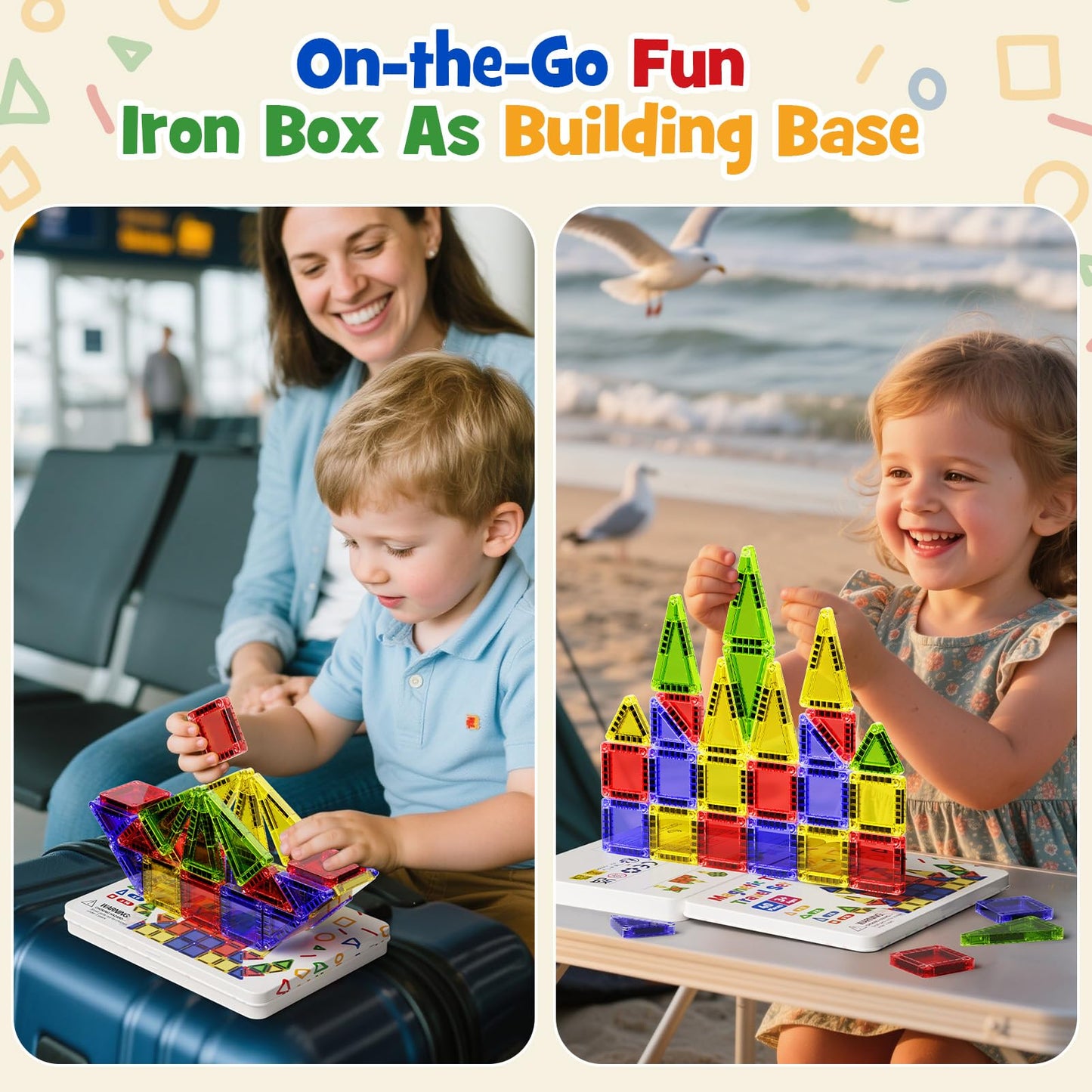 Portable Magnetic Tiles for Kids Travel - 40pcs STEM Building Blocks with Visual Storage Guide & Metal Box Play Base, Toddler Airplane Activities Toys for Ages 3-5,4-8, Compact Travel Toys