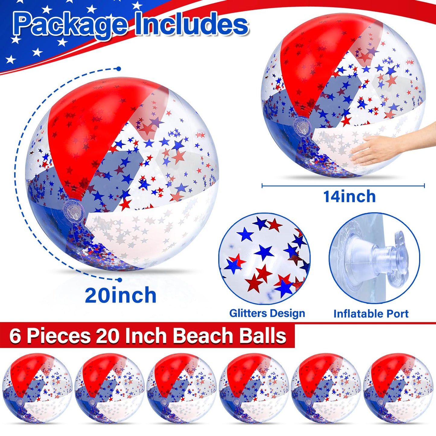 4th of July Decorations 6 Pcs 20 Inch Jumbo Sequins Beach Ball Pool Toys Balls American Star Inflatable Clear Beach Ball Swimming Pool Water Beach Toys Outdoor Summer Party Favors for Kids Adults