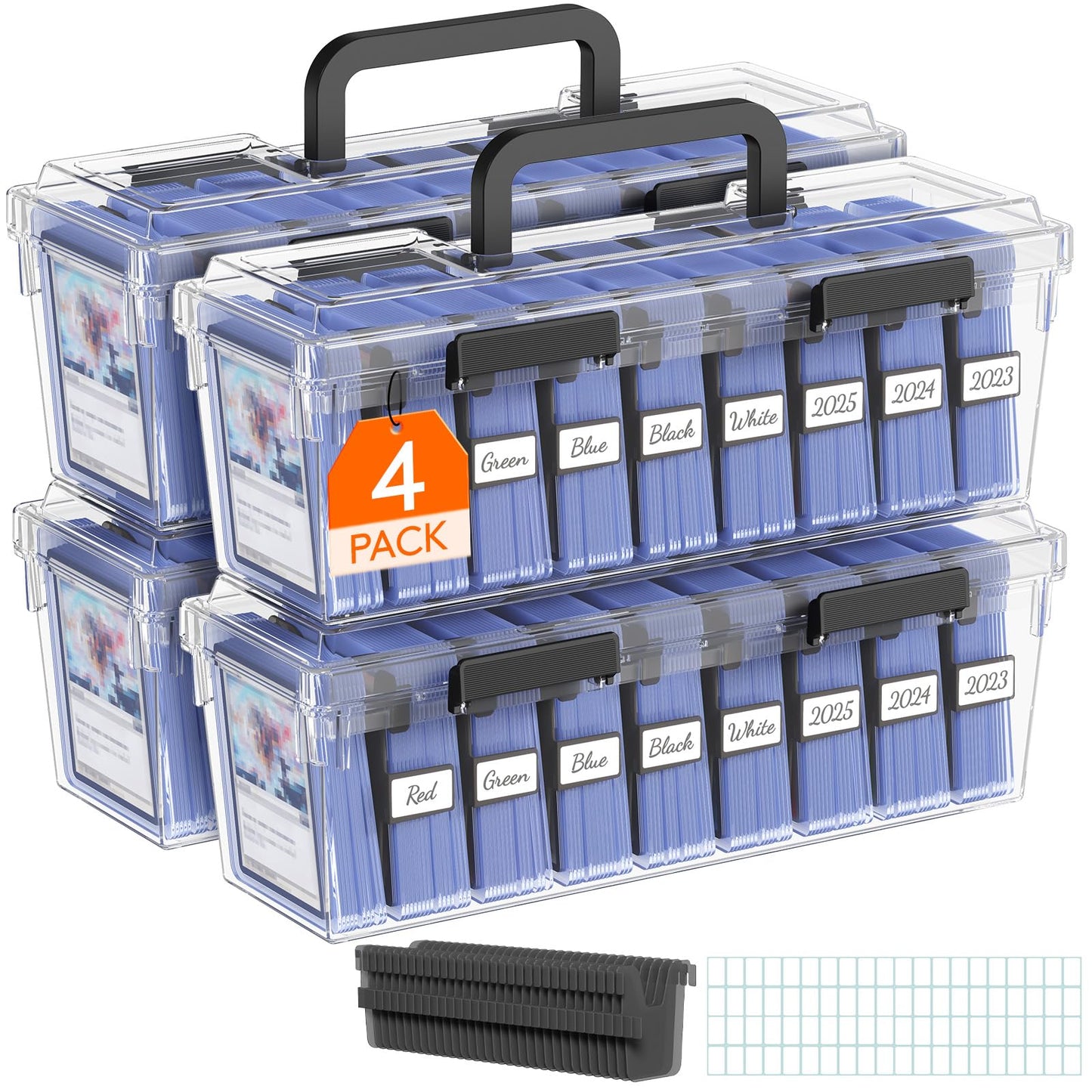 Lifewit Trading Card Storage Box fit for Toploader, Stackable Reinforced Latch Case with 8 Adjustable Dividers, Writable Labels, Organizer for MTG TCG Sports Baseball Bulk Cards, 4 PCS
