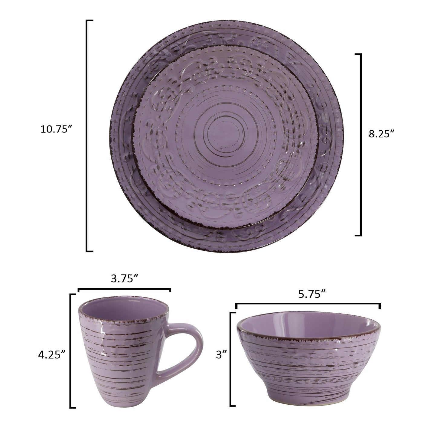 Elama Malibu Mica 16-Piece Stoneware Embossed Pattern Reactive Glaze Purple Dinnerware Set, Tableware, Serveware Set (Mica Purple)