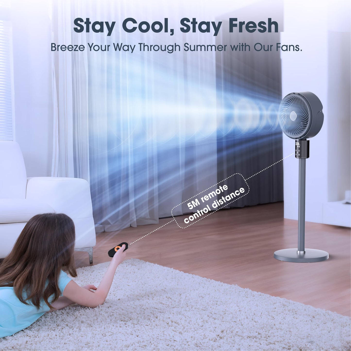 100ft CirculAir Oscillating Standing Fan for Bedroom, Quiet Pedestal Floor Fan with 17"-37.8" Adjustable Height, AC Motor, Ultra Quiet 36-50dB, Touch & Remote Control, 3 Speeds, 12H Timer