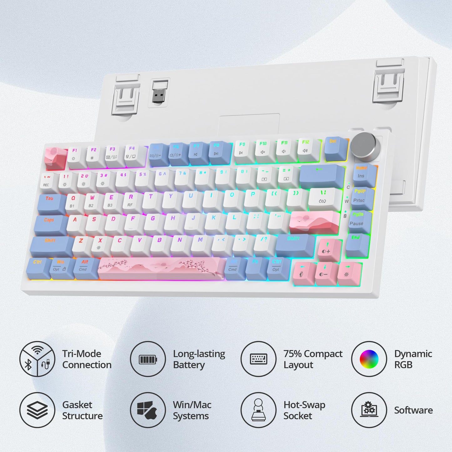 SbocKeeb 75% Wireless Creamy Pink Mechanical Keyboard, Hot Swappable Custom Keyboard, RGB Backlit Gasket Gaming Keyboard, 2.4G/BT5.0/USB-C Mechanical Keyboard, Pre-lubed Linear Gray Cream Switches