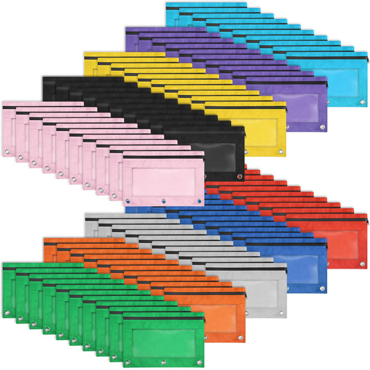 100 Pack 10 Colors Pencil Pouch for 3 Ring Binder, Binder Pencil Pouch with Smooth Zipper, Clear Window Pencil Case Binder, Durable Zipper Pencil Pouch, Bulk Pencil Bags for School and Office Supplies