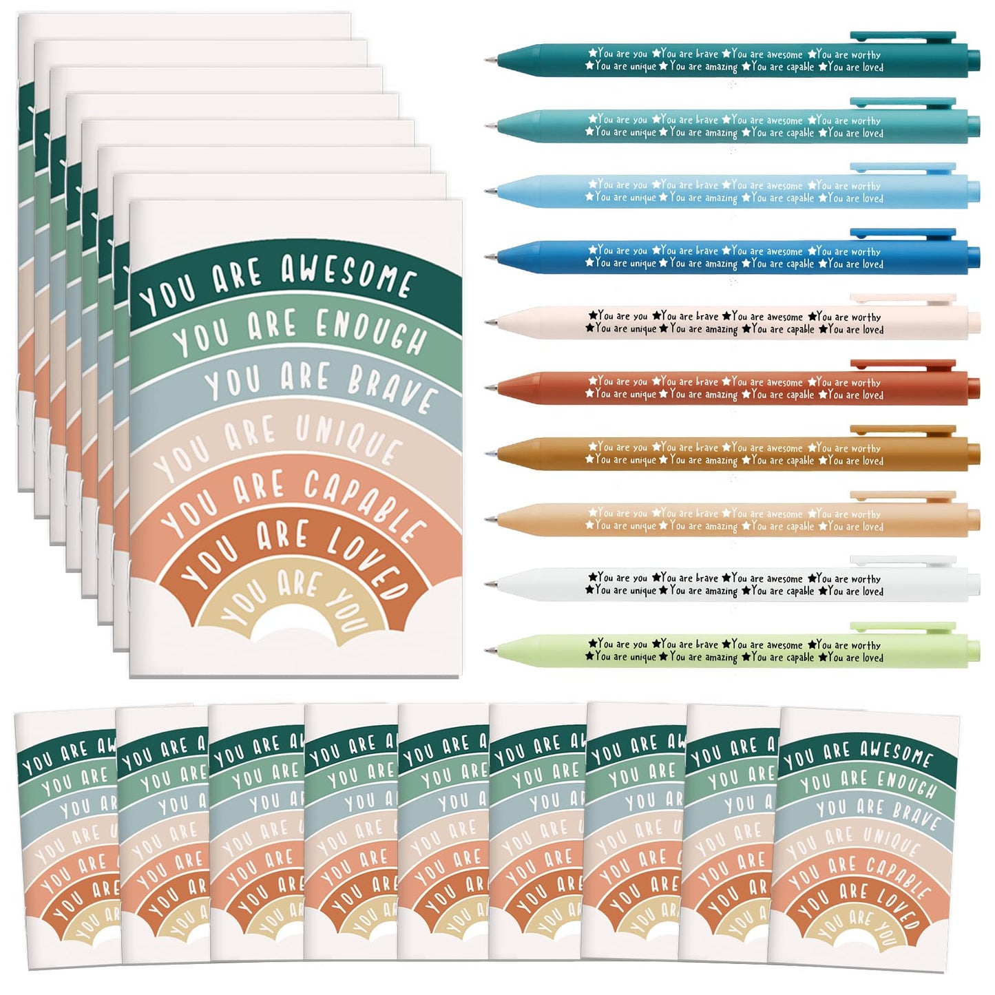 Janlaugh 200 Pcs Mental Health Awareness Gifts Bulk Motivational Notebook Journals and Positive Affirmation Pen Mental Health Items for Coworker Nurse Week Teacher Student End of Year Gifts (Rainbow)