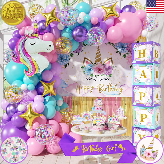 245 Pieces RainMeadow Unicorn Birthday Decorations for Girls Kit, All-in-1 Party Supplies Pack With Balloon Garland, Fringe Curtains, Foil Balloons, Backdrop, Crown, Sash - Pink, Purple, Teal, Gold