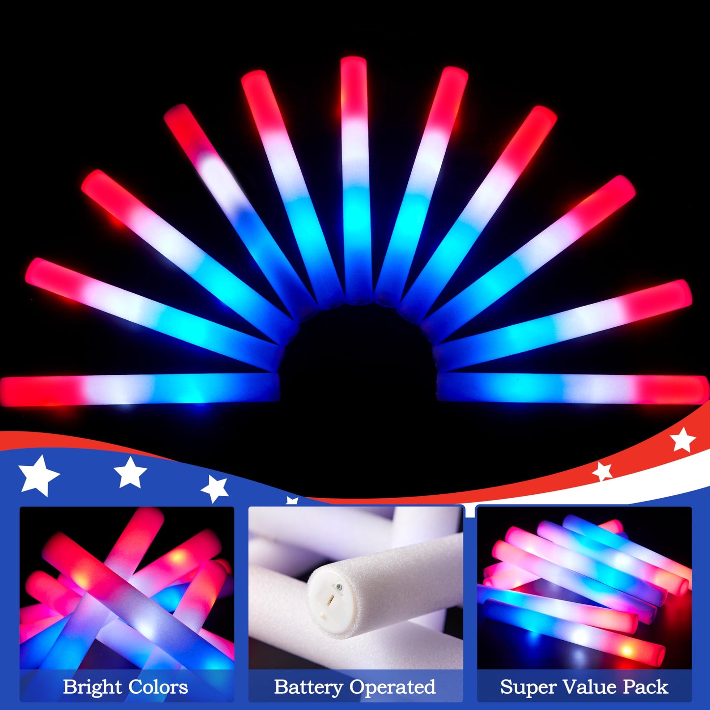 JOYIN 24Pcs July 4th Foam Glow Sticks, Red White Blue Patriotic LED Sticks with 3 Modes Flashing for Kid Adult, Glow in The Dark Party Favor Supplies for Independence Day Parade, Concert, Carnival