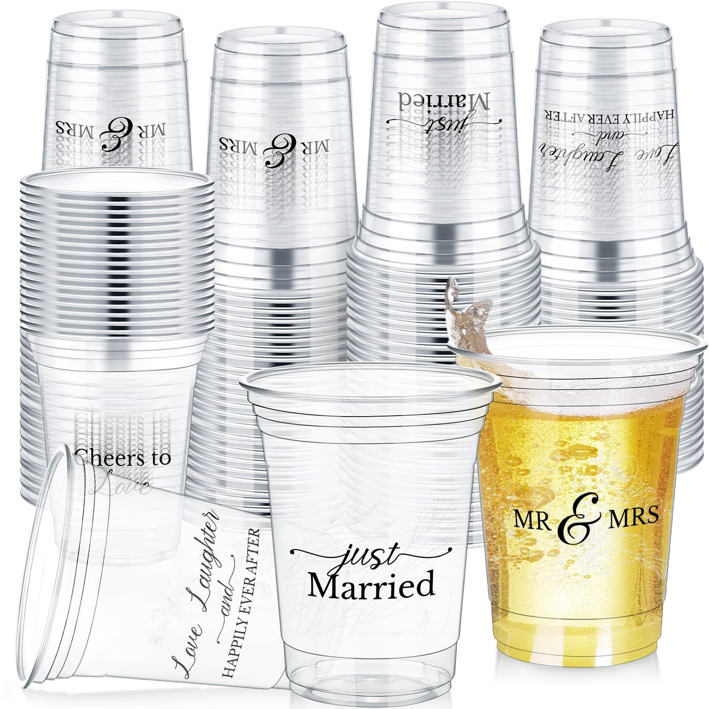 Jingmore 200 Pcs Wedding Plastic Cup 12 oz Wedding Disposable Cups for Reception Thick Clear Cup Happily Ever After Mr and Mrs Just Married Cups for Bridal Shower Decorations (White Floral)