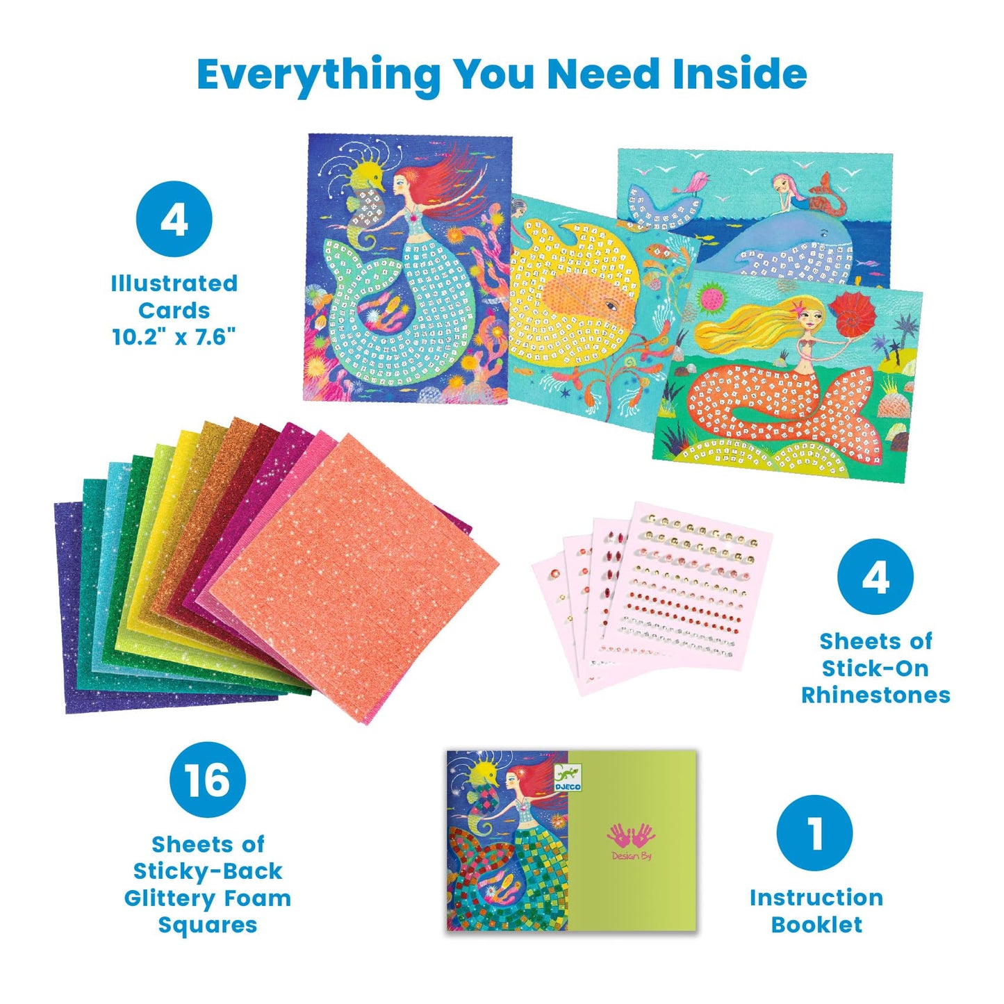 DJECO Mermaid's Song Mosaic Arts & Crafts Kit - Create Your Own Glittery Underwater Scene for School - Fun & Creative for Family & Friends, Boys & Girls, Educational, Sticker Foam for Kids 5+