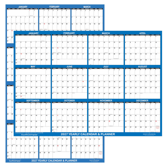 24" x 36" SwiftGlimpse 2027 Wall Calendar Erasable Large Wet & Dry Erase Laminated 12 Month Annual Yearly Wall Planner, Reversible, Horizontal/Vertical, Dark Blue