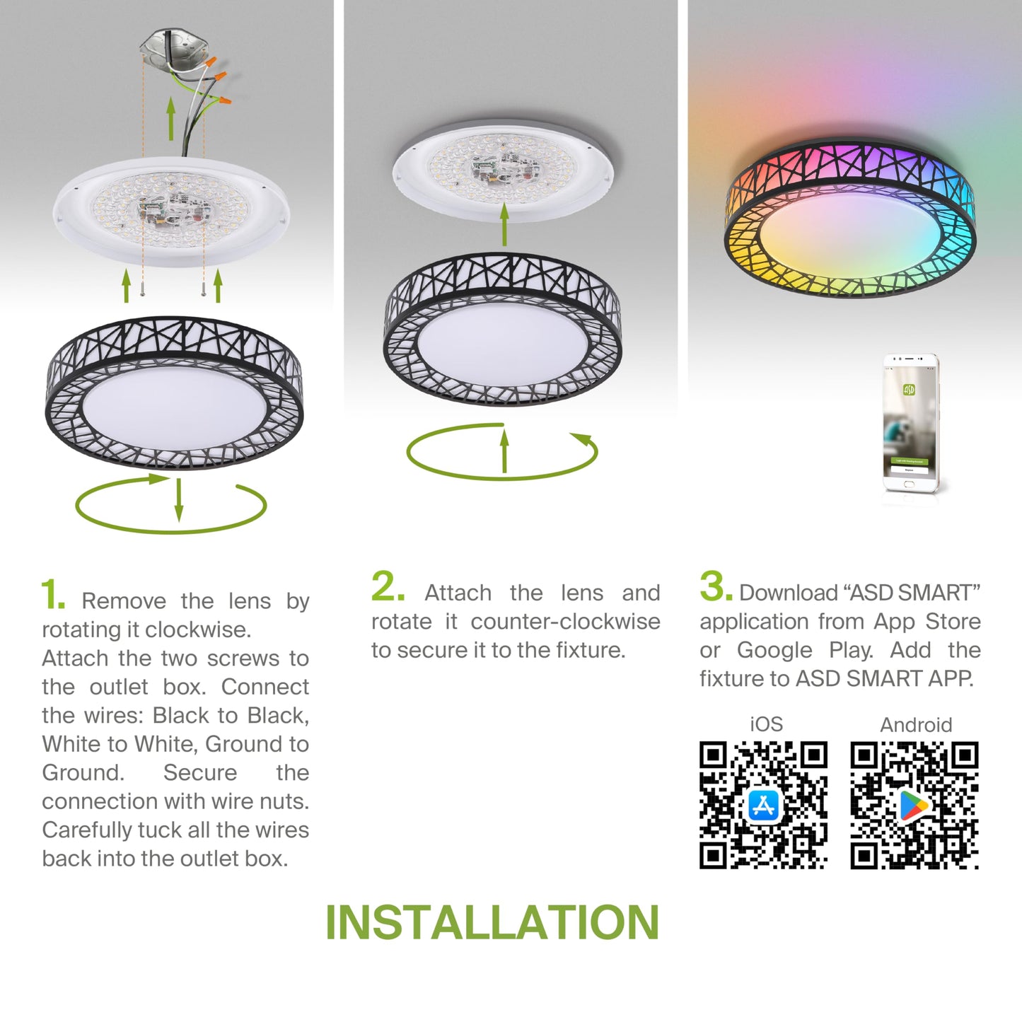 ASD 12 Inch Smart RGBW Flush Mount Ceiling Light with Remote - Matte Black 20W 120V 2700-6500K Dimmable Ceiling Light Fixture, WiFi App Control RGB Lights, Alexa & Google Assistant - ETL