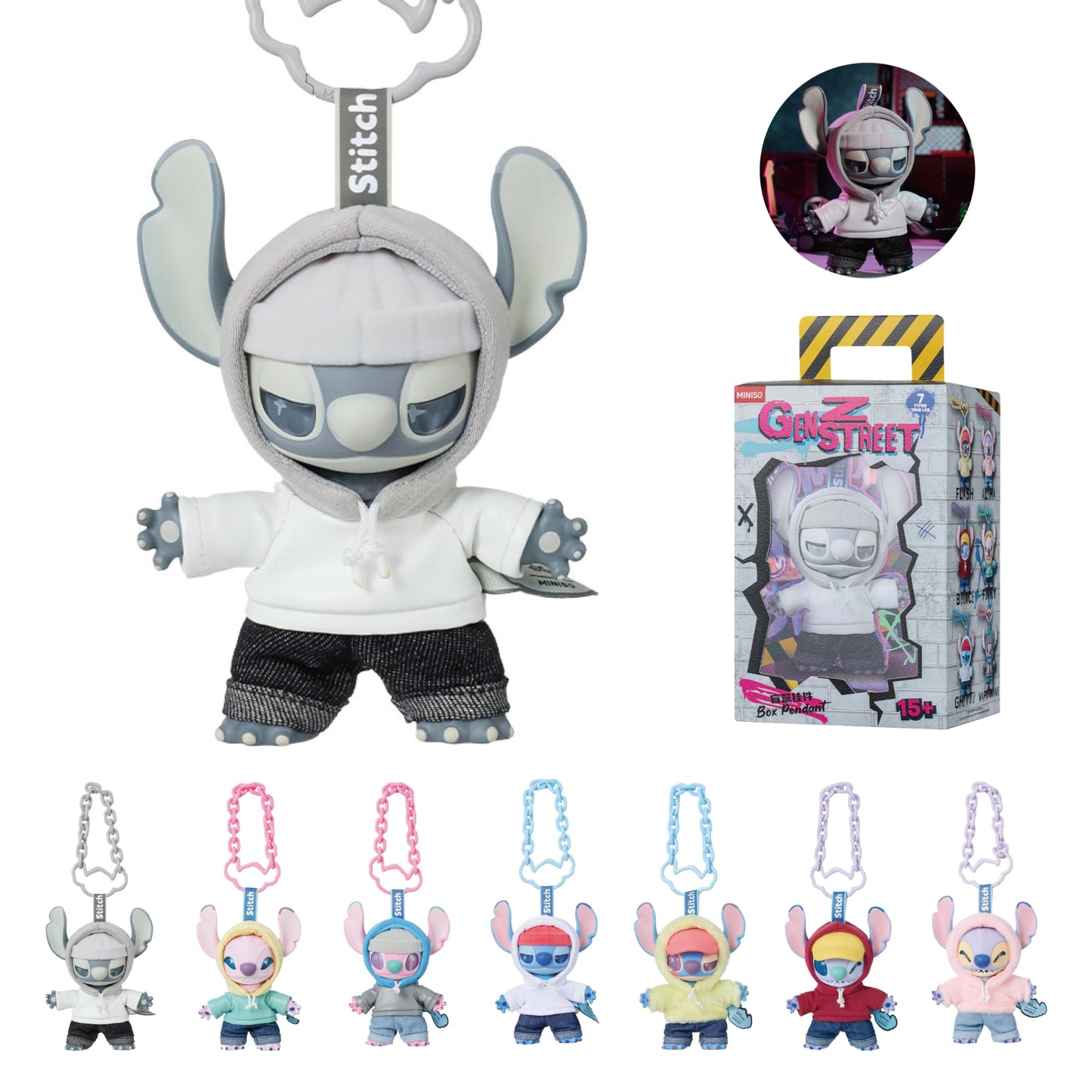 MINISO Disney Stitch GenZ Street Collection Vinyl Plush Pendant Surprise Box Figure Model Random Design Blind Box Toy Collectible Toy for Home Decor Birthday Gifts (Random One Figure)