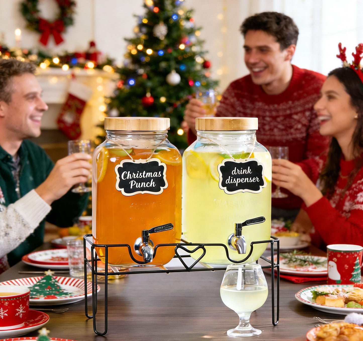 ShoreHao 2 Pack1Gallon Glass Drink Dispenser with Stand&Bamboo Lids&Fruit Infuser,304 Stainless Steel Leak-Proof Spigot,Beverage Dispenser for Parties,Water Sangria Juice Sun Tea Lemonade(Natural)