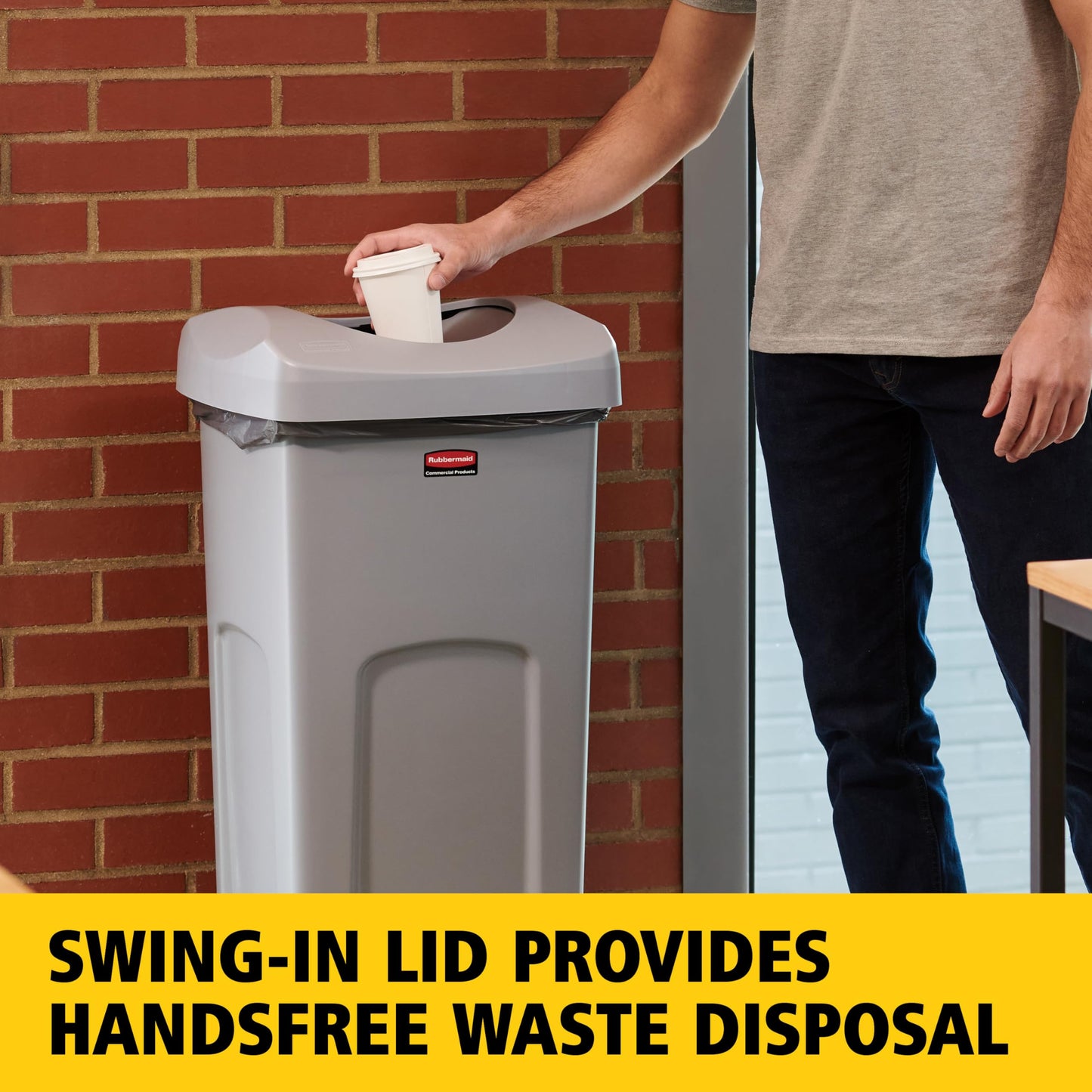 Rubbermaid Commercial Products Square Trash/Garbage Container with Untouchable Swing Top Lid, 23-Gallon, Gray, Perfect for Outdoor/Restaurant/School/Kitchen