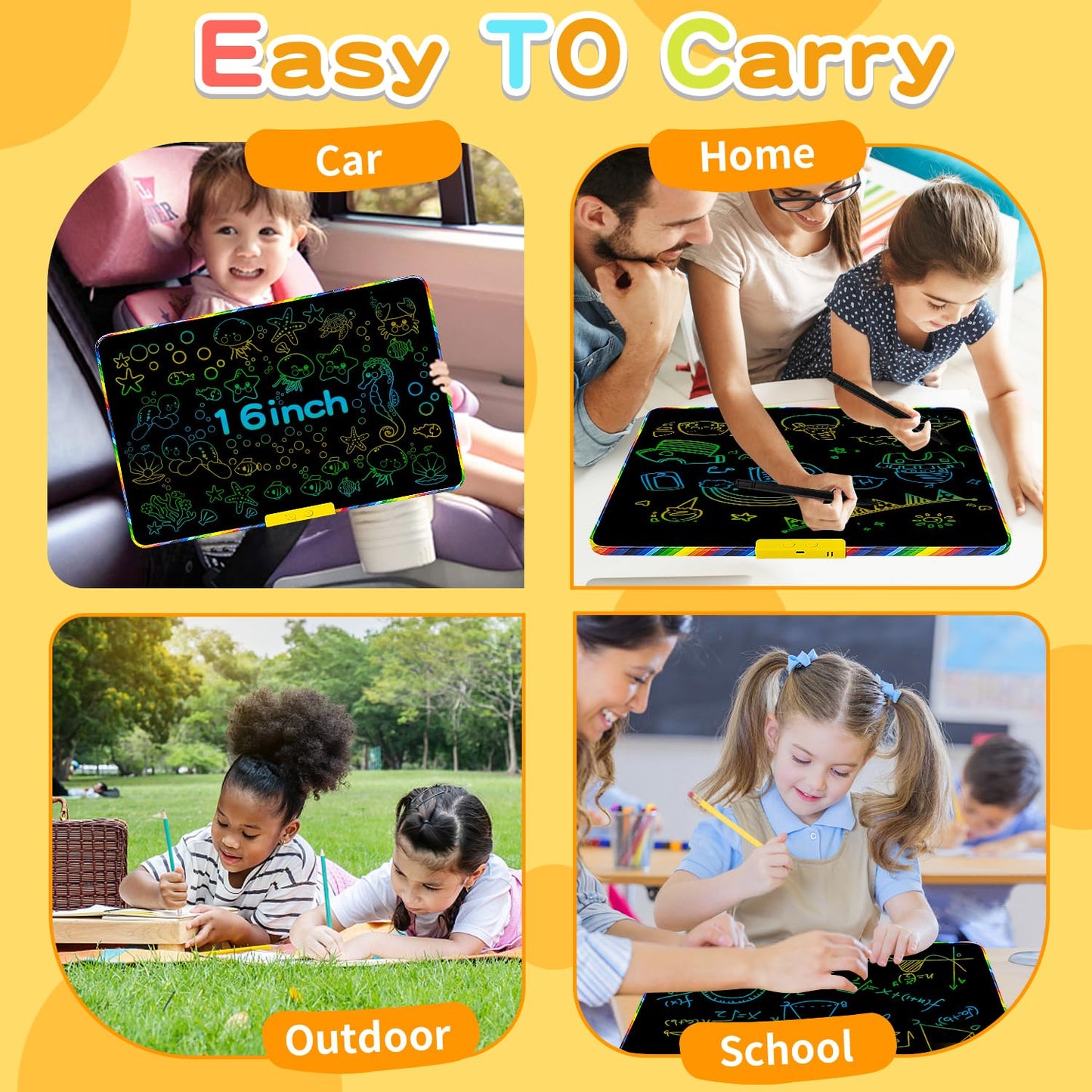 LCD Writing Tablet for Kids 16 Inch, Educational Drawing Board with Magnetic Whiteboard Back, Includes 3 Markers and Tangram Puzzle, Birthday Gift for Ages