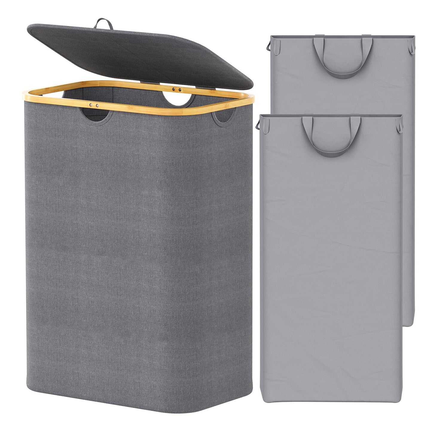 SpaceAid Double Laundry Hamper 2 Section with Lid and Removable Laundry Bags, 160L Clothes Basket with Bamboo Handles, Large Collapsible Hamper for Bedroom, Bathroom, Dorm, Laundry Room - Grey
