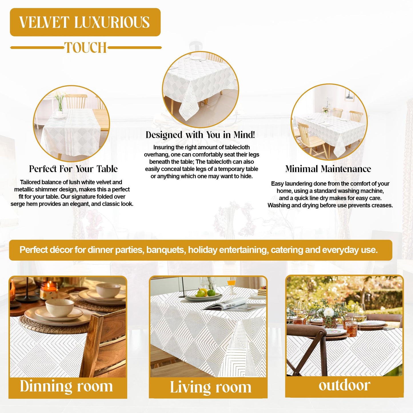 Majestic Giftware Velvet Tablecloths for Rectangle Tables | (70/120) - TC1406 Gold Geometric Print Hem Stitch Dining Table Cover | Decorative Washable Rectangle Tablecloth for Kitchen, Dinning, Party