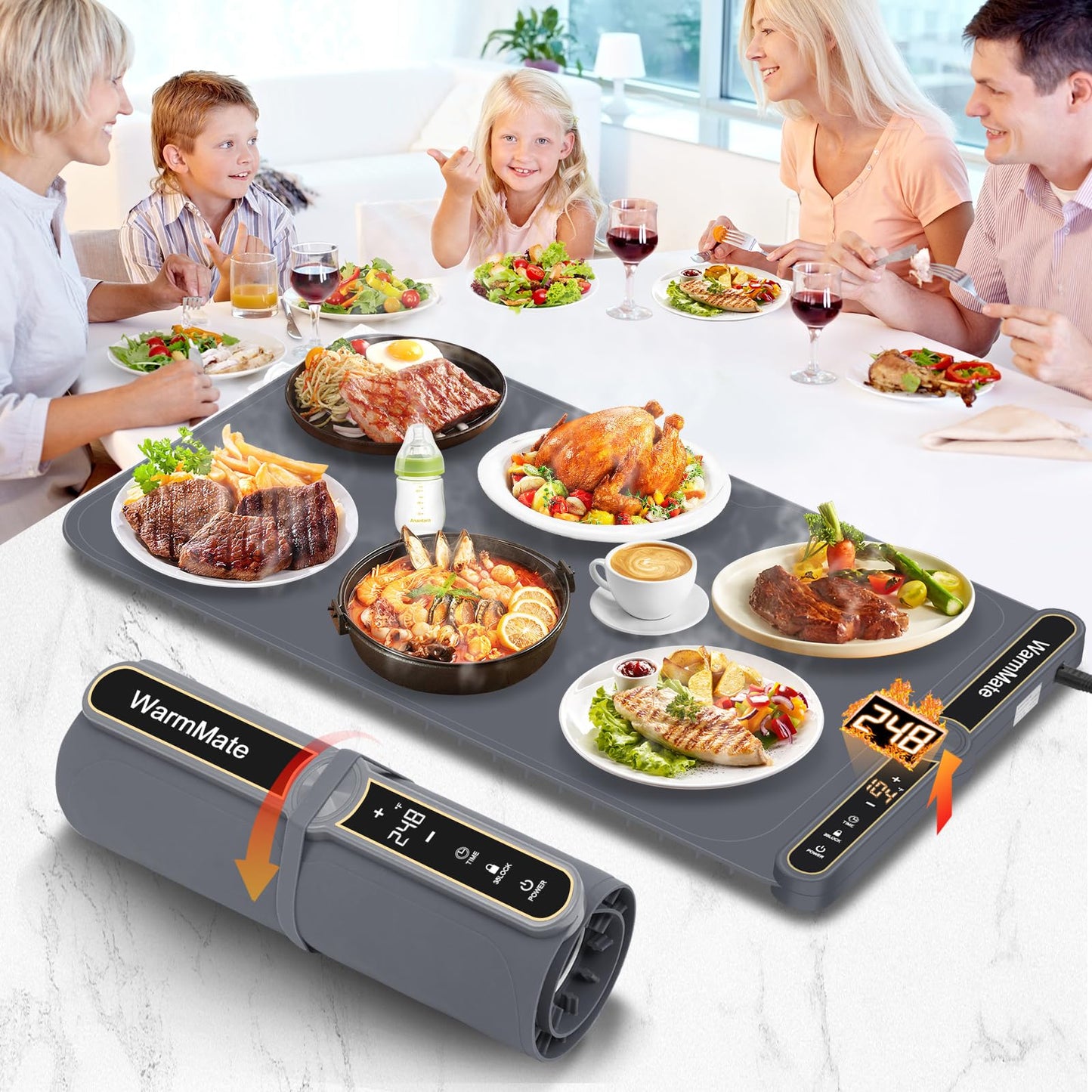 WarmMate Food Warming Mat，Electric Warming Tray with 9-Level Temperature Precision Control, 6H Timer,8s Full Surface Rapid Heating, Ideal for Buffets, Parties & Gatherings (Roll-Up Design，Dark Grey)