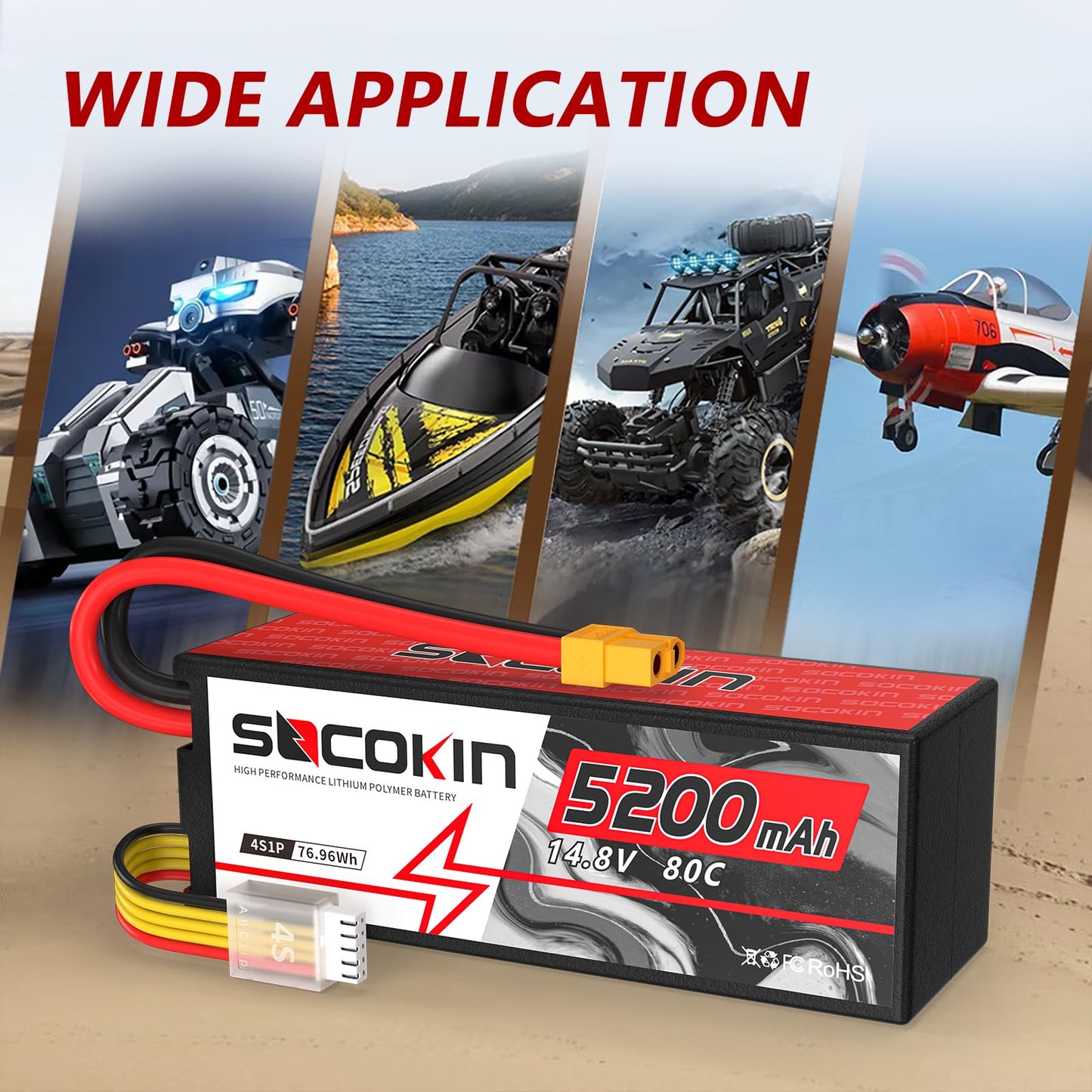 Socokin 14.8V Lipo Battery 4S 5200mAh 80C with Hard Case XT60 Plug for RC Evader BX Car RC Buggy RC Boat Drones Slash 1/10 Scale Racing Truck Racing RC Heli Airplane (2 Pack)