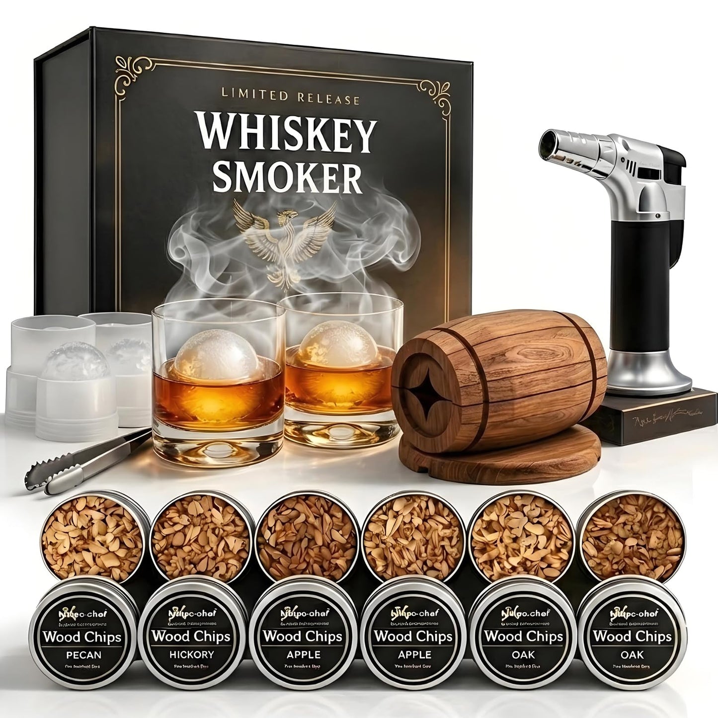 Yodel Whiskey Smoker Kit with Torch – Old Fashioned Cocktail Smoker Set with 6 Wood Chip Flavors, 2 Whiskey Glasses & 2 Ice Ball Molds – Gifts for Men, Dad, Husband & Him