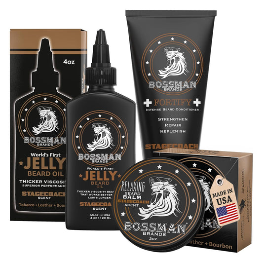 Bossman Essentials Beard Kit for Men – Beard Oil Jelly, Fortifying Conditioner Cream & Beard Balm – Grooming Care Accessories (Stachecoach Scent)