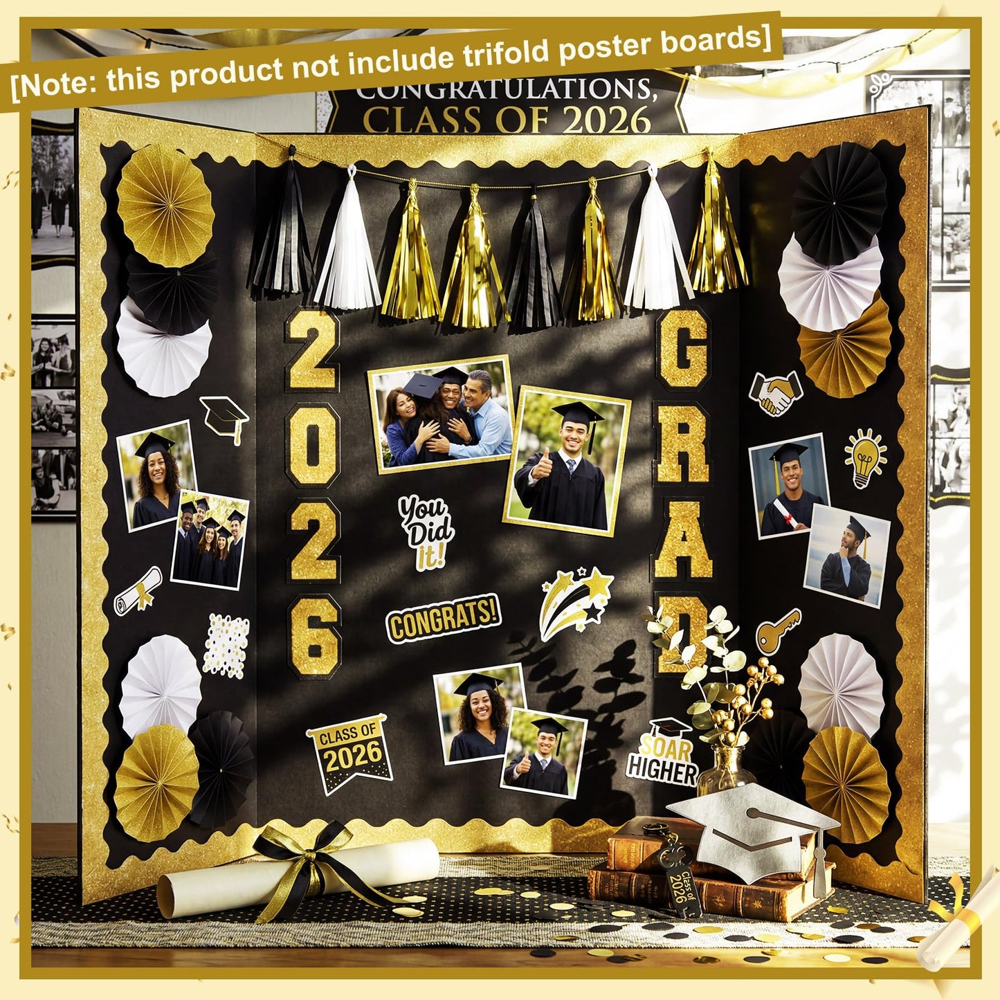 FunooFuno 31 Pcs Graduation Photo Display Board Decoration 40"x28" Trifold Poster Board Graduation Themed Stickers Grad Fan Tassel Garland for 2026 Grad Party College Picture Frame(Black Gold Silver)