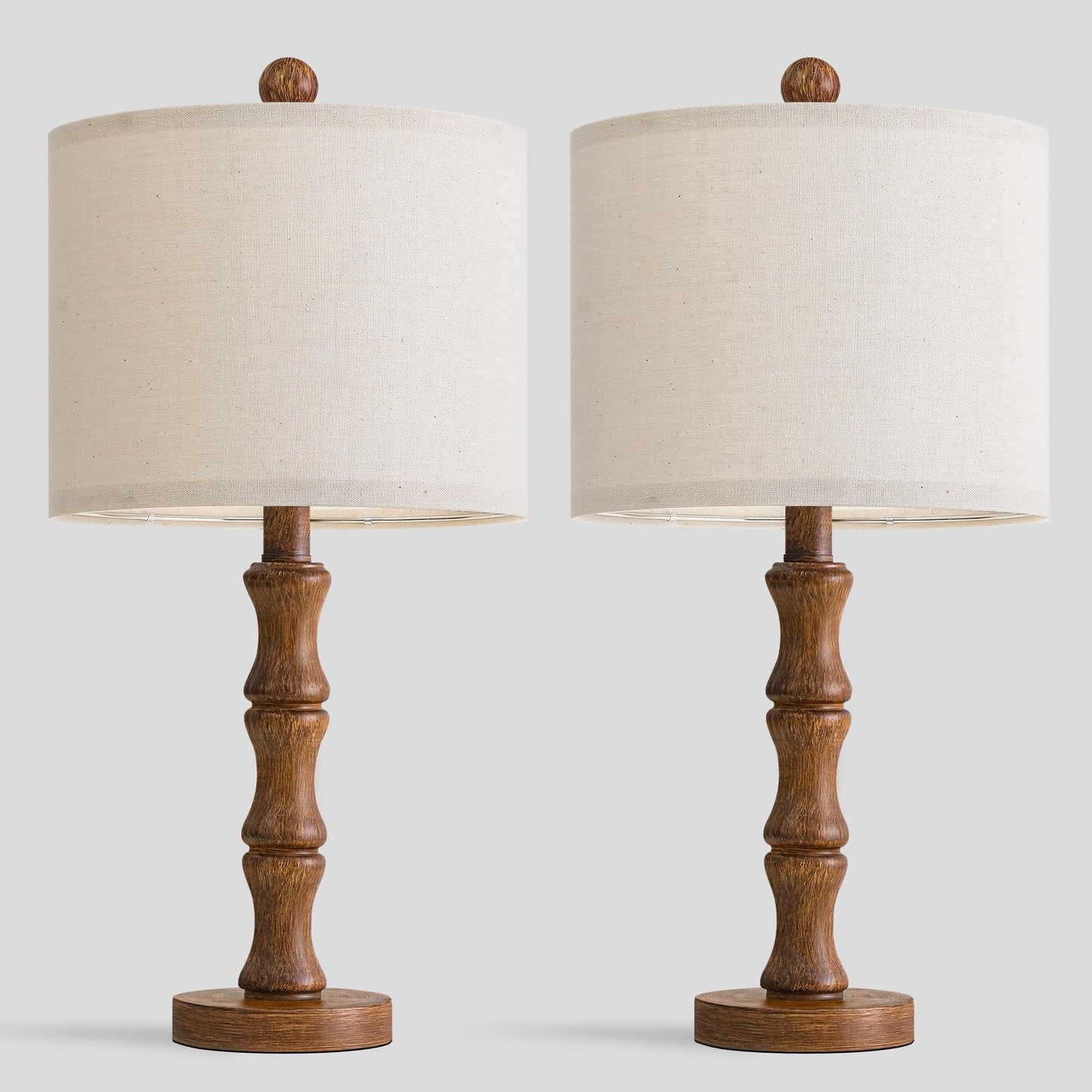 BOBOMOMO 20.5" Rustic Table Lamps Set of 2, Farmhouse Nightstand Lamp with Wood Grain Resin Base & Linen Shade, Small Bedside Lamp for Bedroom, Living Room & Apartment Décor- Ideal for Small Spaces