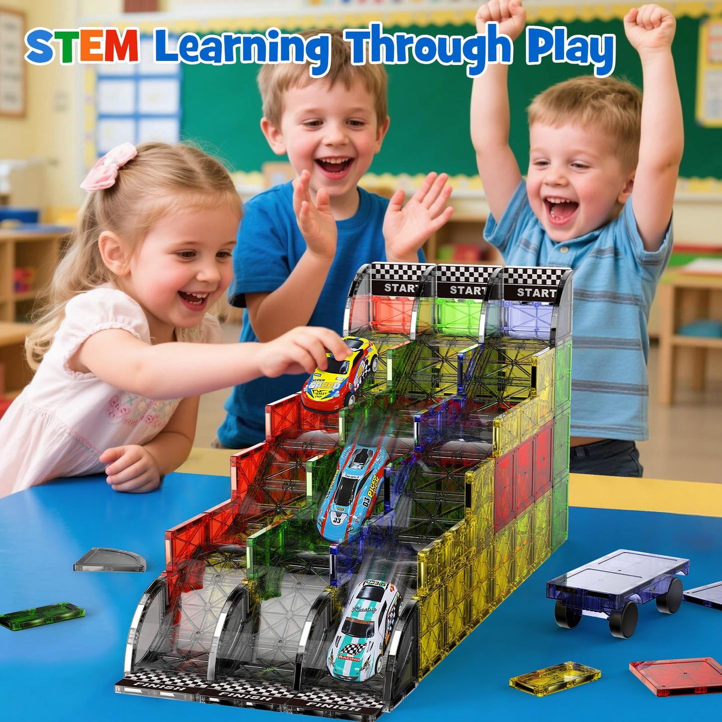 WMXDU 2-in-1 Magnetic Tile Downhill & Road Set - 40PCS Magnetic Building Blocks with Car, Montessori Preschool Toys for 3+ Year Old Boys & Girls, Ideal Sensory Toys for Toddlers