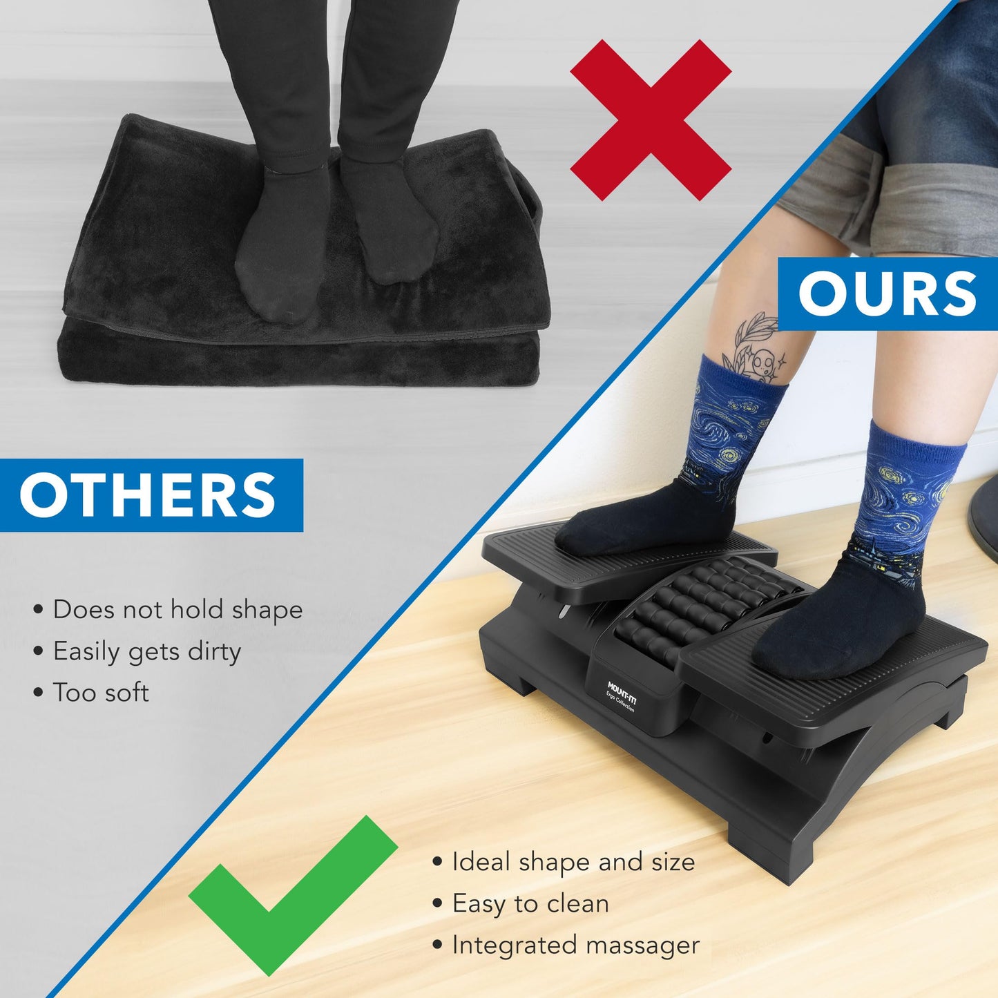Mount-It! Ergonomic Footrest, Tilt Adjustable Individual Platforms, Height Adjustable Foot Rest with Massage Surface, Under Desk Foot Stool for Office, Leg Support and Improved Posture, Black