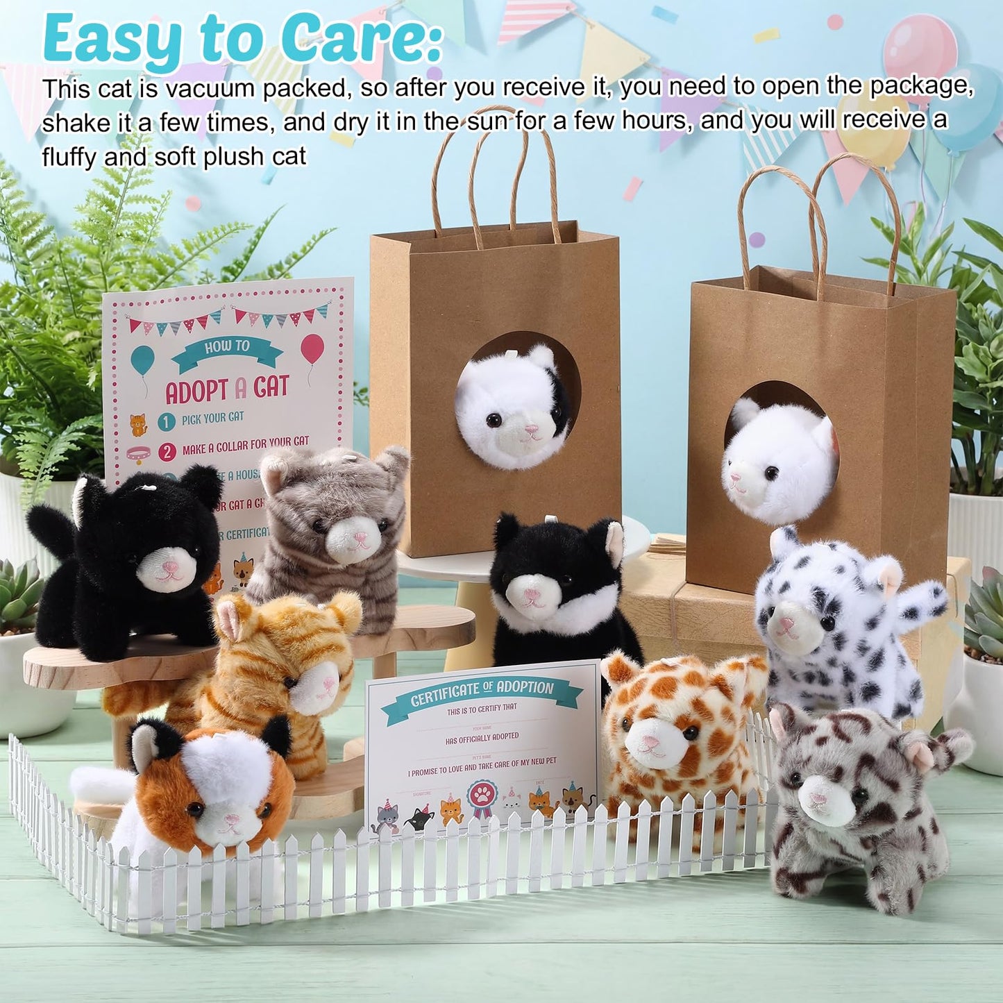 Jenaai 33 Pcs Adopt a Pet Cat Party Favors Mini Kitten Stuffed Animals Set Includes 10 Small Cat Stuffed Animals 2 Plastic Fence 1 Sign 10 Cards 10 Kraft Bag for Adopt a Pet Party Birthday Gifts
