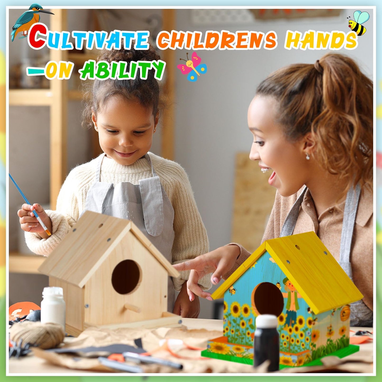 Liliful Wooden DIY Birdhouse Kit for Adults Unfinished Wooden Bird Houses with Paints and Paintbrushes Spring Summer Arts and Craft Gifts Kit for Boy or Girl Classroom Birthday Activity(4 Set)