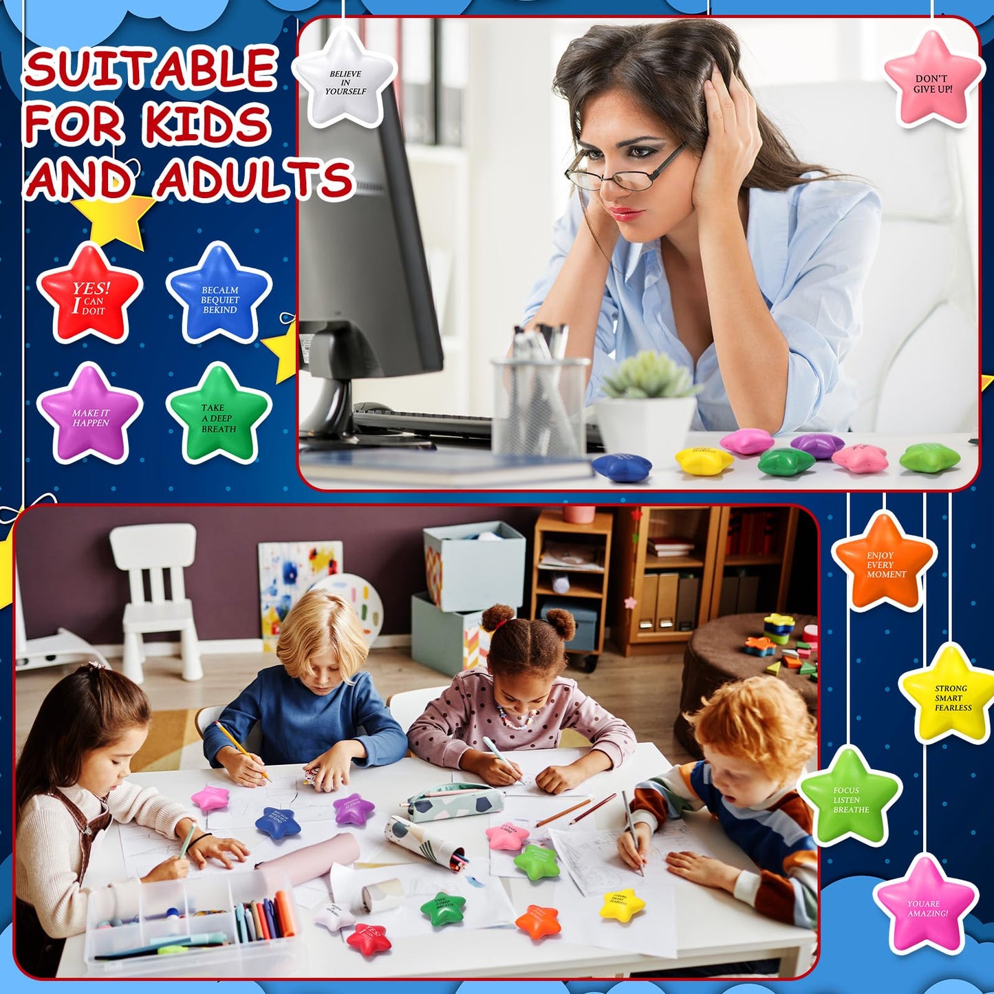 Jenaai 250 Pcs Motivational Stress Balls Bulk with Quote Inspirational Funny Colorful Foam Balls Hand Exercise Stress Relief Easter Gifts for Kids Adults Relieve Anxiety Party Supplies(Star)