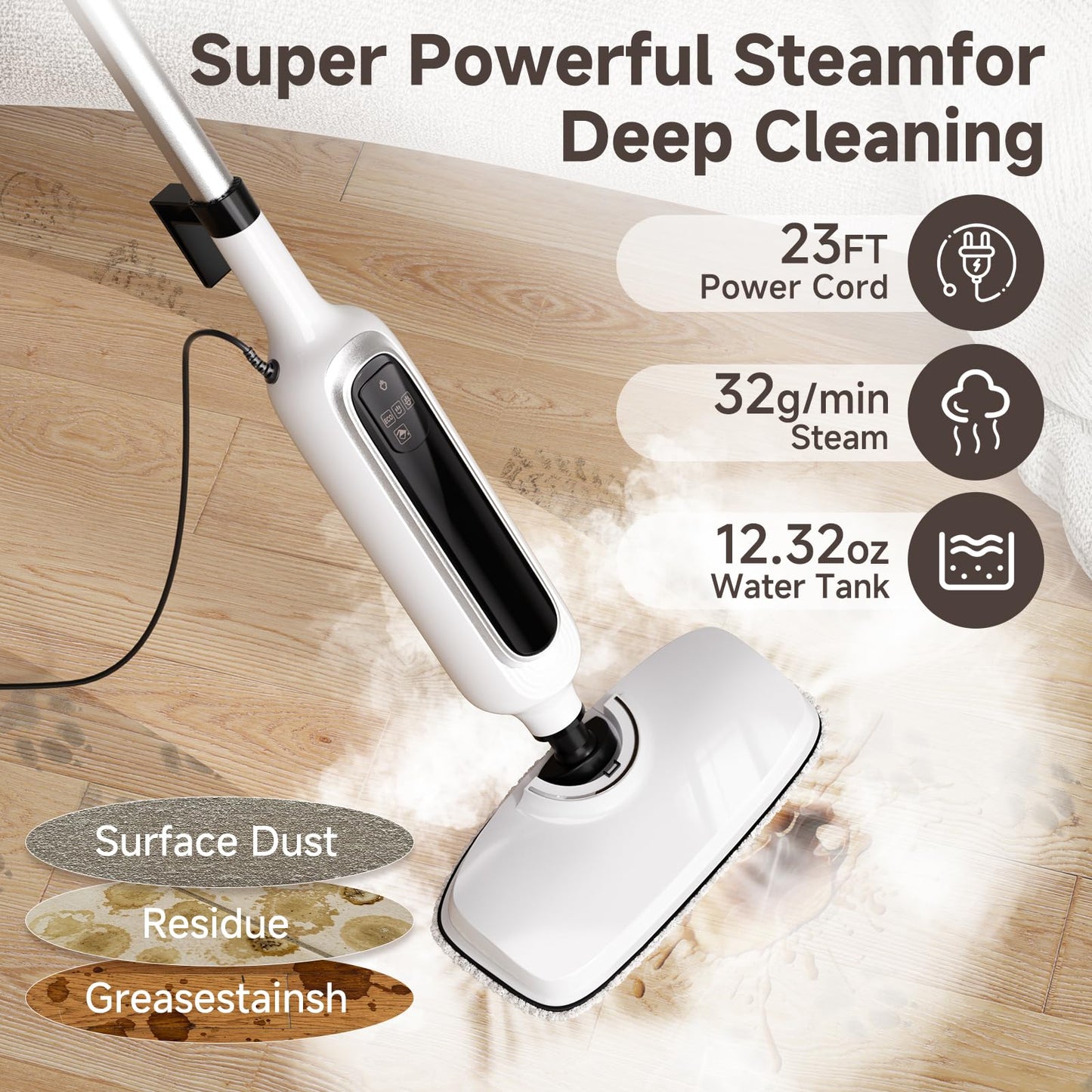 12-in-1 Steam Mop, Detachable Handheld Steam Cleaner for Home, 23FT Cord, 3 Steam Modes & LED Display, Steam Mops for Floor Cleaning, Bathroom, Windows, Sofas, Clothes, Tile Grout, Carpets, Furniture