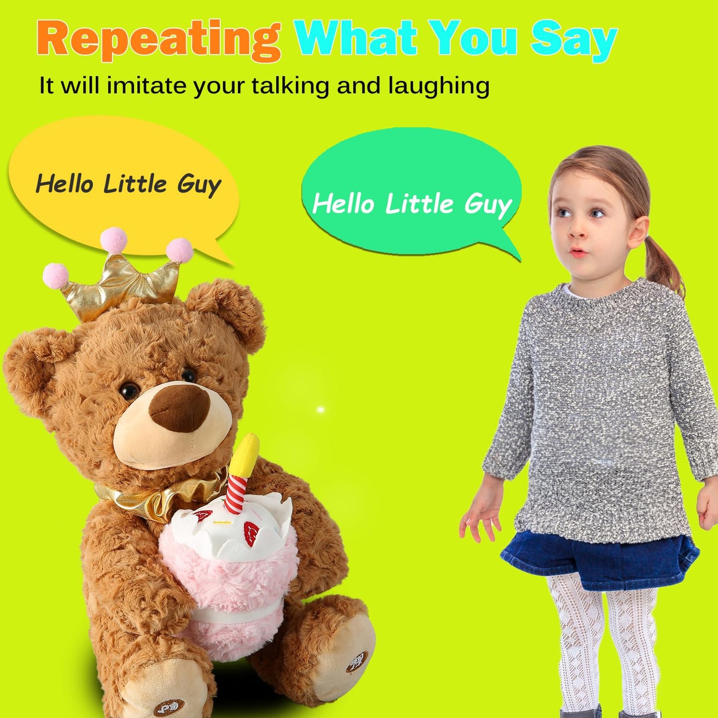 Musical Birthday Teddy Bear, Singing Dancing Talking Plush Bear Repeating What You Say Mimicking Recording Toy English Song Glowing Candle with Cupcake Stuffed Animal Gift for Boy Girl Kid