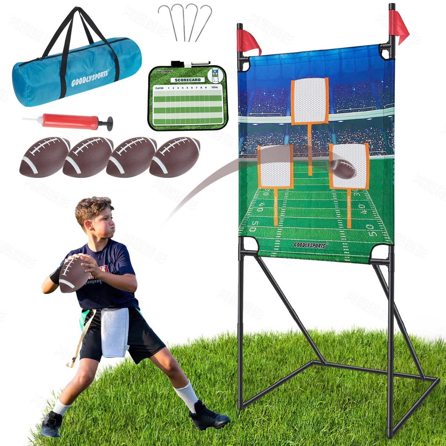 GOODLYSPORTS Football Toss Game with 4 Footballs, 66" Football Target, PVC Material, Green, Blue, Black, Classic Style, Indoor/Outdoor Use, 1+ Players, Target Tossing Game