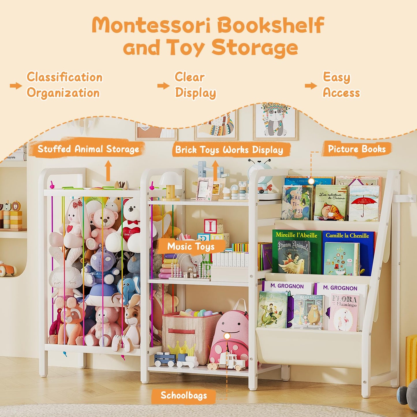 CYXPHION B1 Kids Bookshelf and Toy Storage, 3-Tier Book Shelf for Kids Rooms, Sling Baby Bookcase with Stuffed Animal Storage, Montessori Toddler Bookshelf for Nursery, Bedroom, Playroom, White