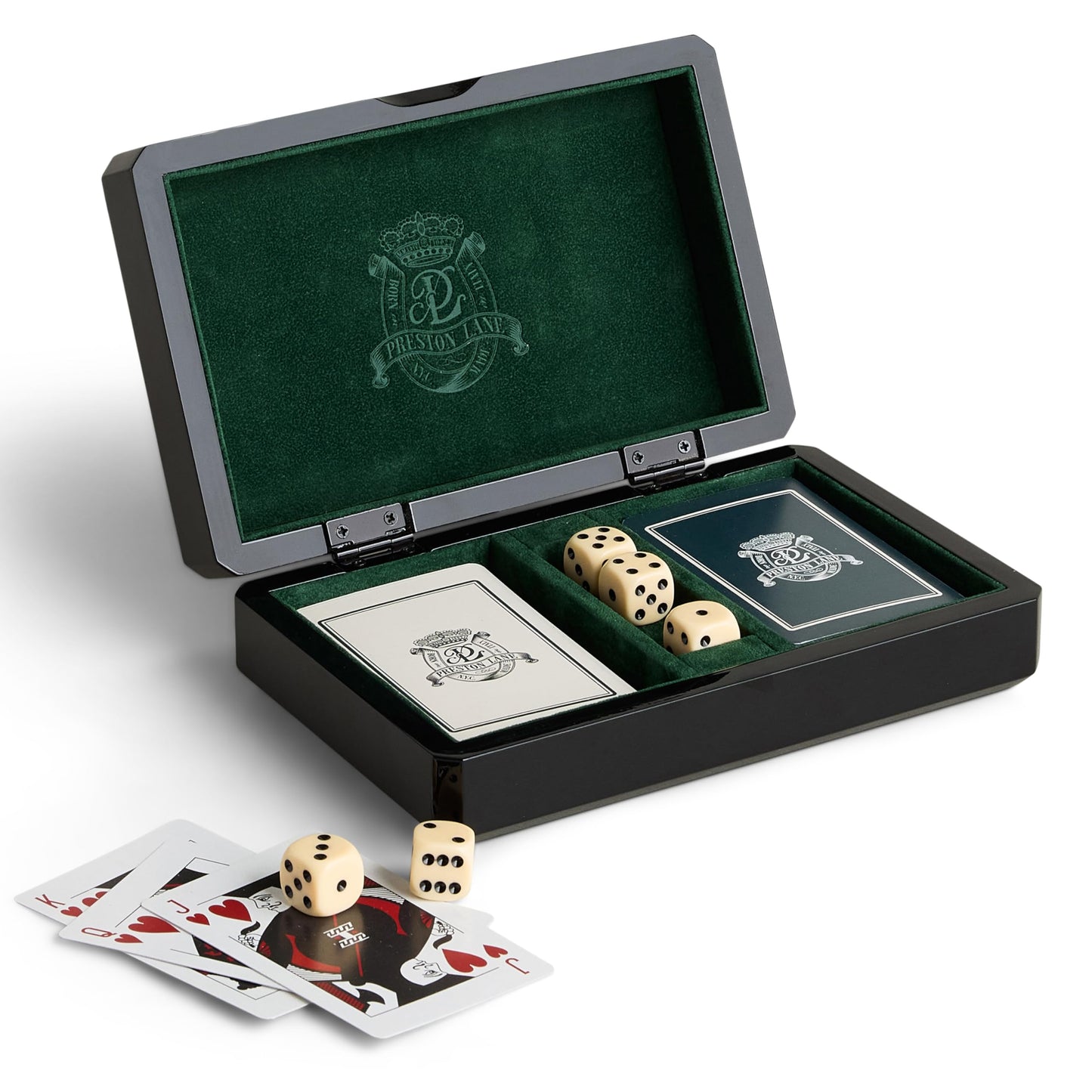 Preston Lane Chester Luxury Game Box – Wooden Playing Card & Dice Set with Velvet Lining – Burled Wood & Black Lacquer Finish – Coffee Table Décor or Gift