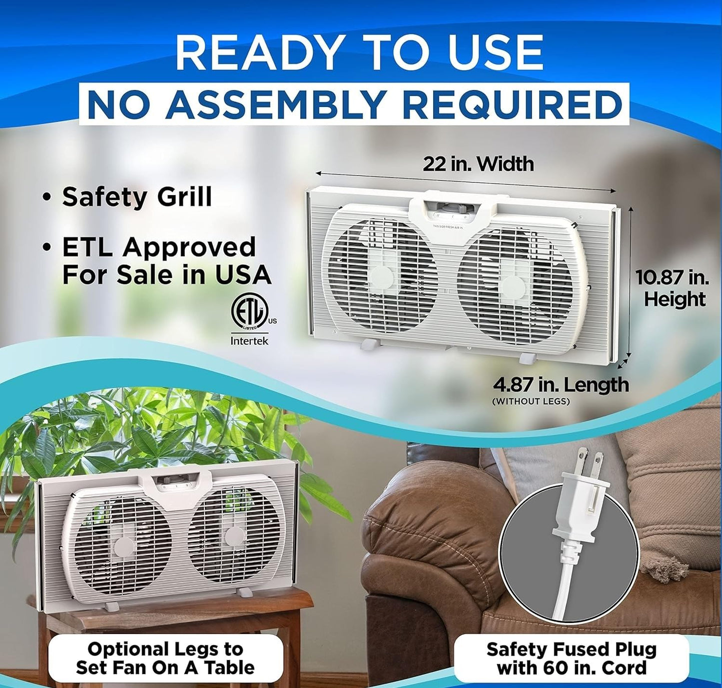 EZ-CHILL 9" Twin Window Fan with Manually Reversible Airflow Control, Auto-Locking Expanders, 2 Speed, Dual Fan, Exhaust, Airflow 9.84 ft/sec, Ideal for Home, Kitchen, Bedroom & Office, White