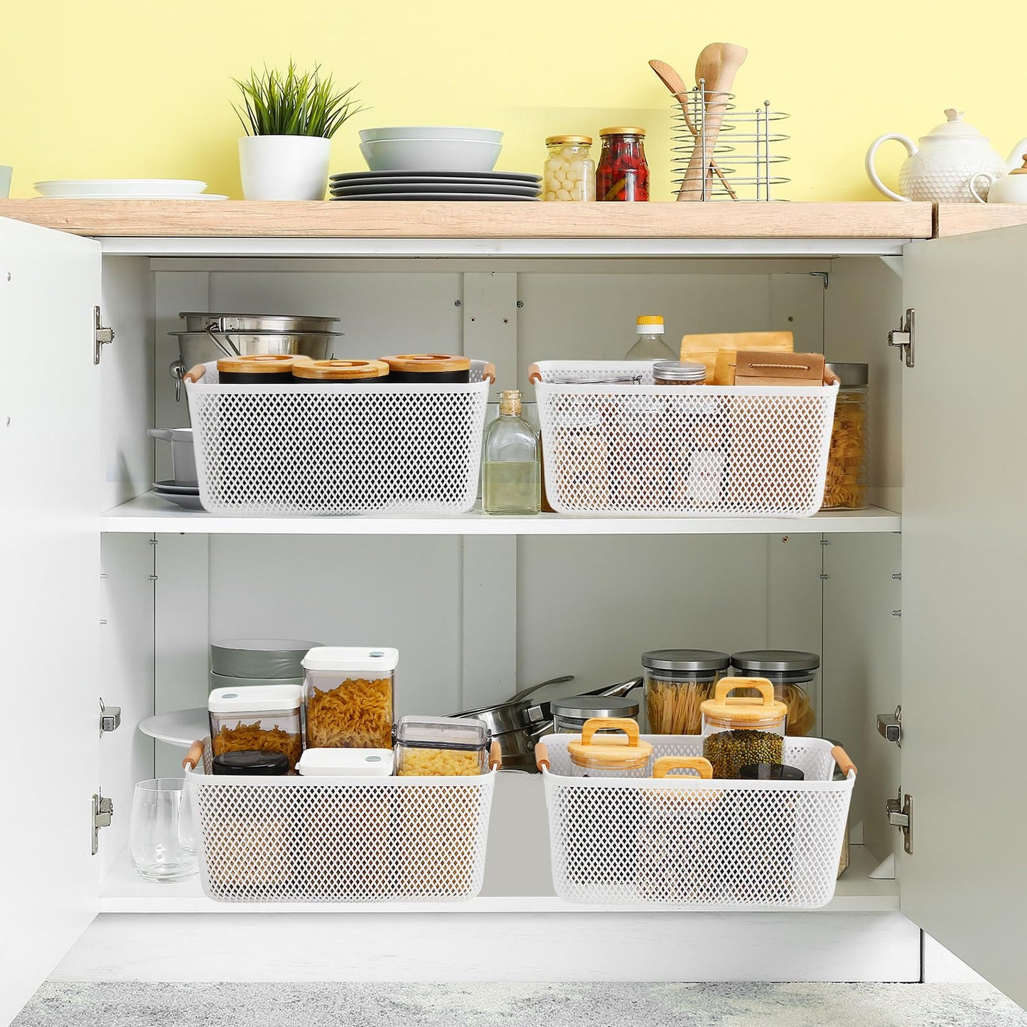 Tioncy 4 Pcs White Mesh Baskets with Wooden Handles Plastic Storage Organizer Baskets Pantry Basket Fruit Vegetables Gathering Basket Bin for Organizing Cabinet Closet Bedroom Kitchen(Large)