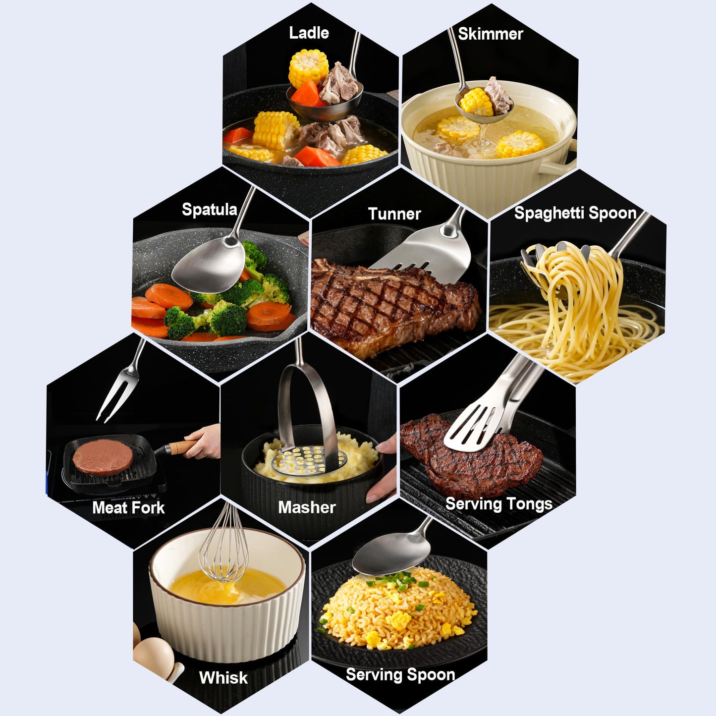 NIITAWH Stainless Steel Kitchen Utensils 12 Pcs, Small Cooking Utensils Set,Spatulas,Ladle,Skimmer,Tunners,Serving Spoon,Spaghetti Spoon,Fork,Potato Masher,Egg Whisk,Tongs,Dishwasher Safe