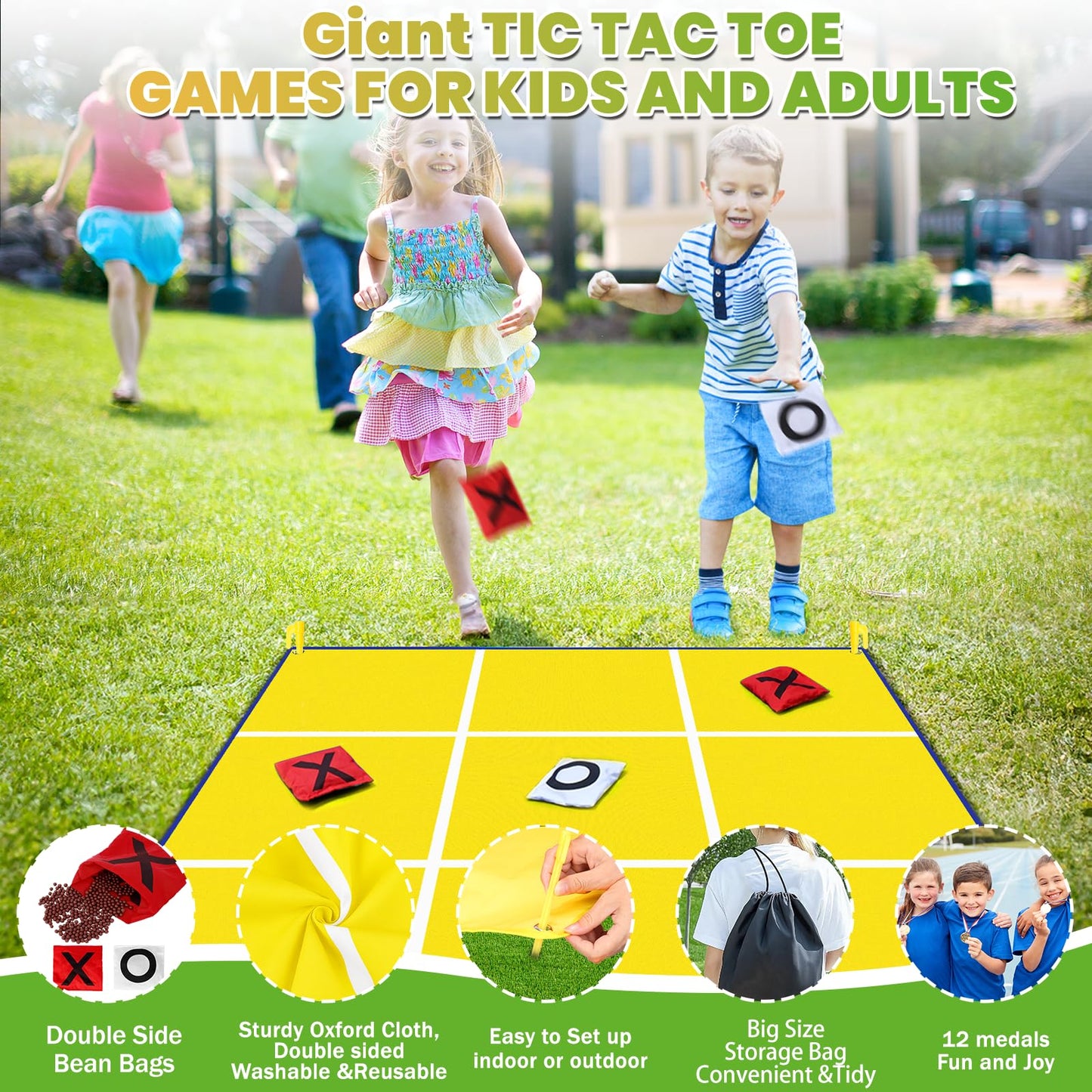 2-in-1 Giant Bean Bag Toss & Large Tic Tac Toe Outdoor Games for Kids Adults-4.5ft Giant Outside Lawn Yard Camping Field Day Games for Kid Family-Backyard Fun Carnival Beach Picnic Party Outdoor Game