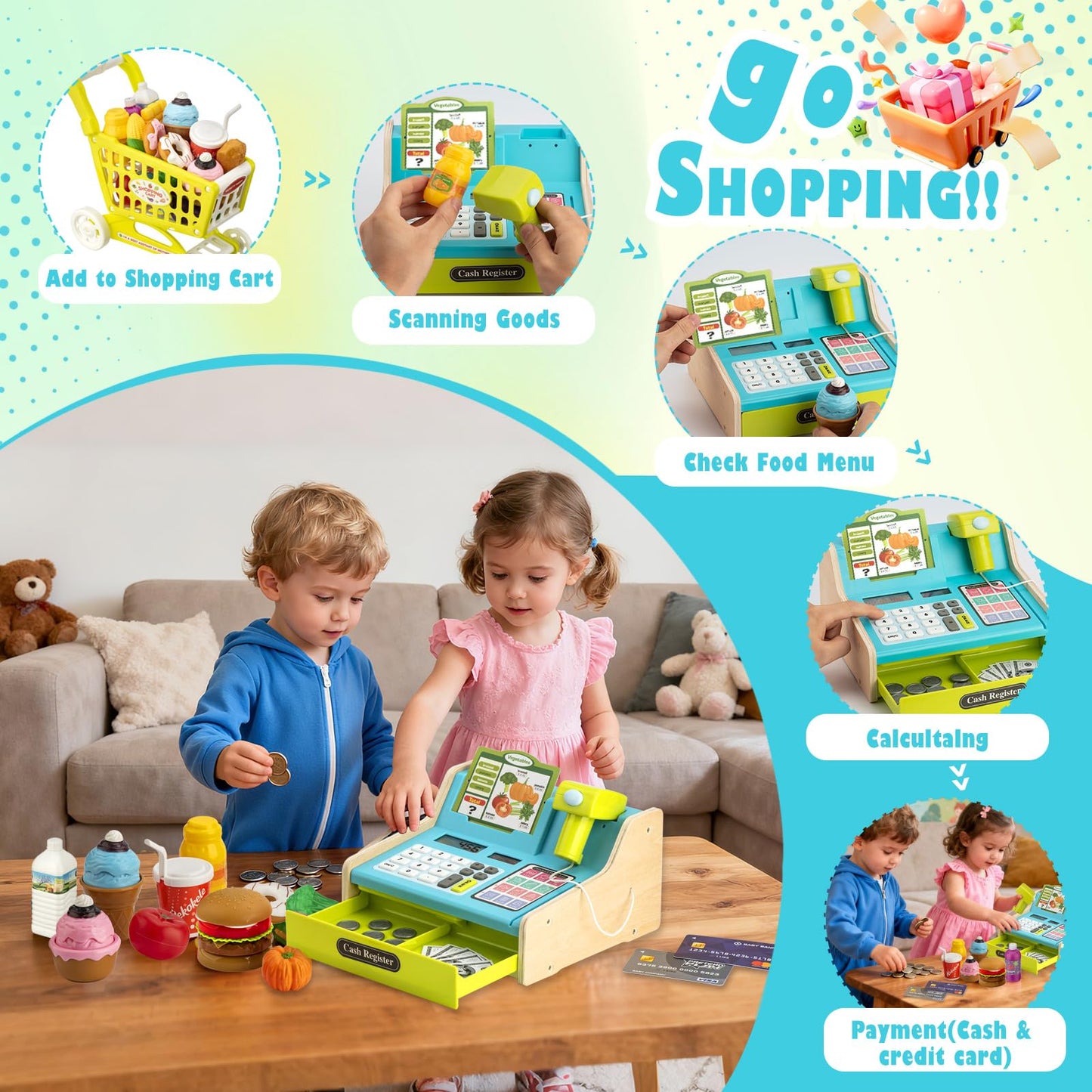Wooden Cash Register for Kids with Shopping Cart Rechargeable Kid Cash Register with Scanner Gift for Kid Age 3 4 5 6 7 8 9 Year Old Pretend Play for Toddlers Toys for 3-12 Year Old Kids