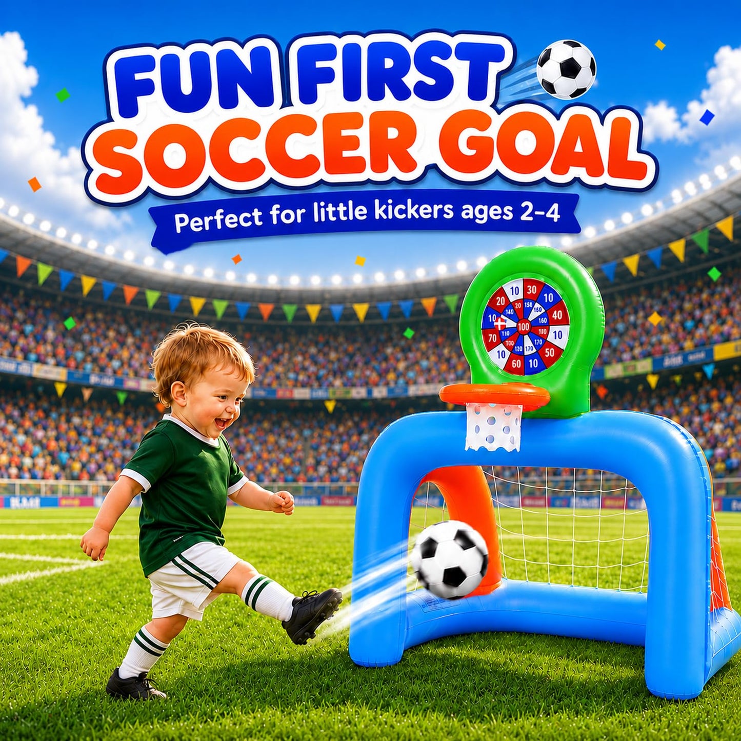 NIBBaNACAL Inflatable Toddler Sports Center – Basketball Hoop & Soccer Goal, 3-in-1 with Sticky Ball Target, Soft & Safe Indoor/Outdoor Set, Ages 2–6