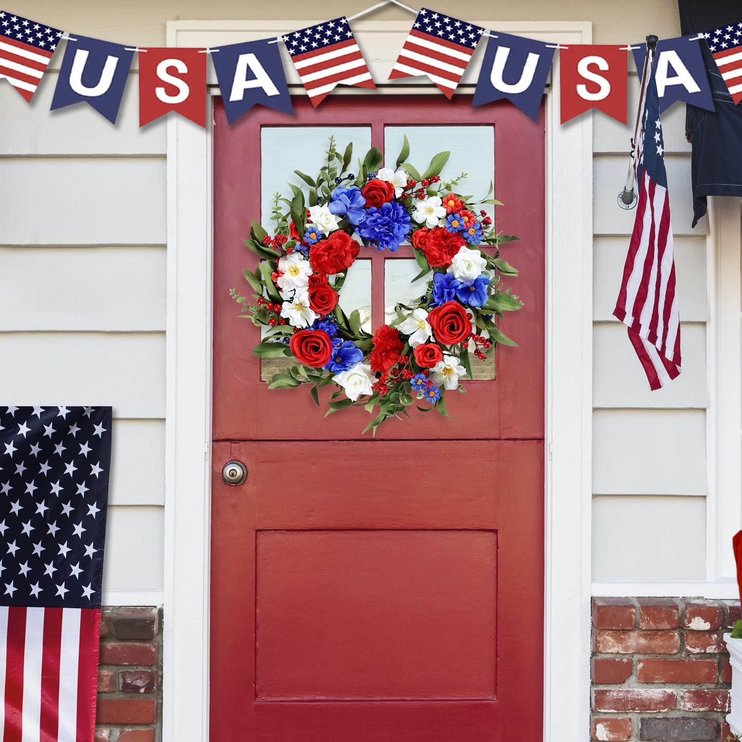 Sggvecsy 20Inch 4th of July Patriotic Day Wreath for Front Door with Artificial Floral Red Blue White Flower Roses Hydrangea Daisy Patriotic Decorations for Memorial Day Independence Day Veterans Day